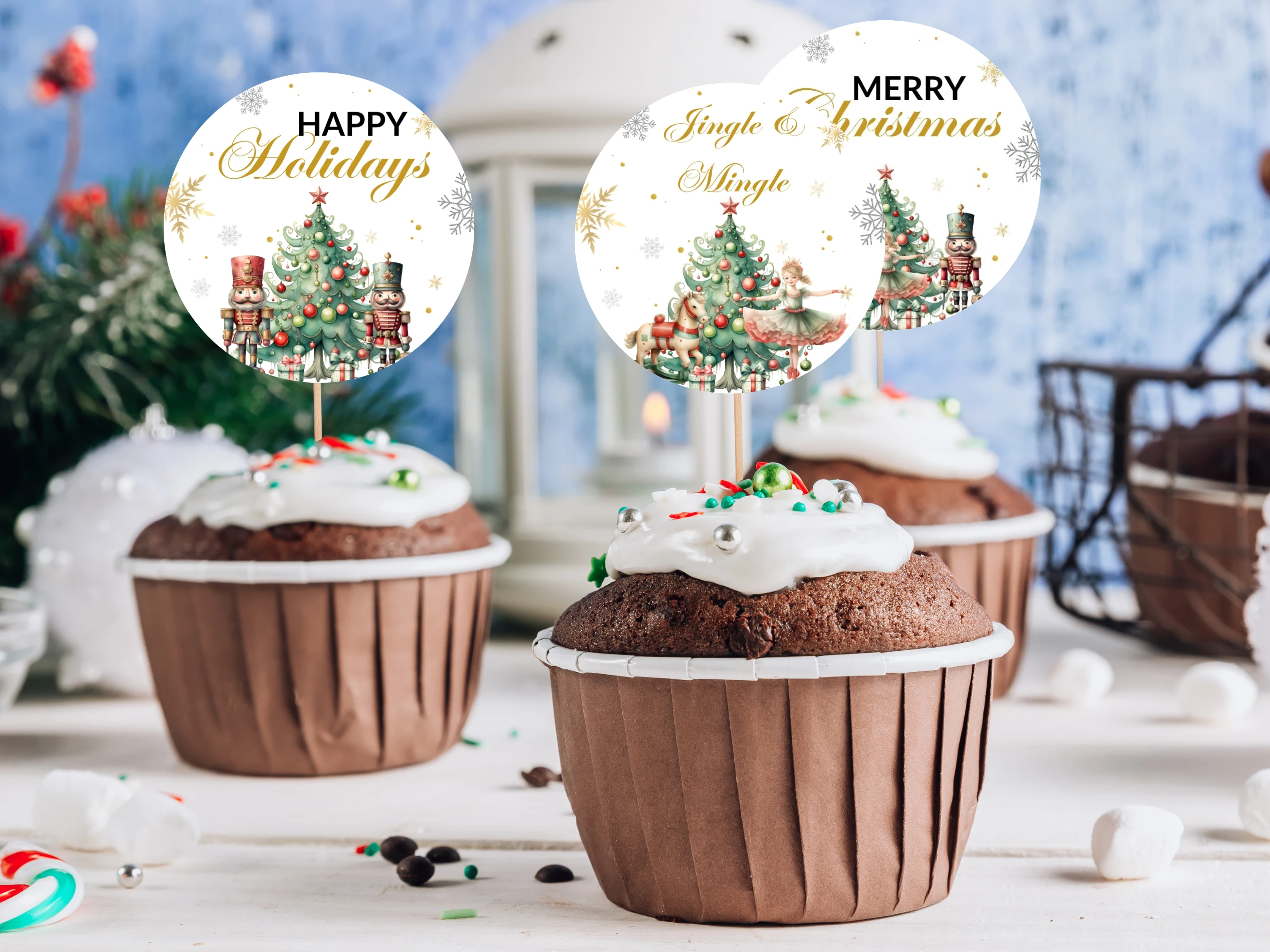 Nutcracker Christmas cupcake toppers with Merry Christmas, Happy Holidays and Jingle & Mingle sayings, Christmas tree and nutcracker designs on festive cupcakes