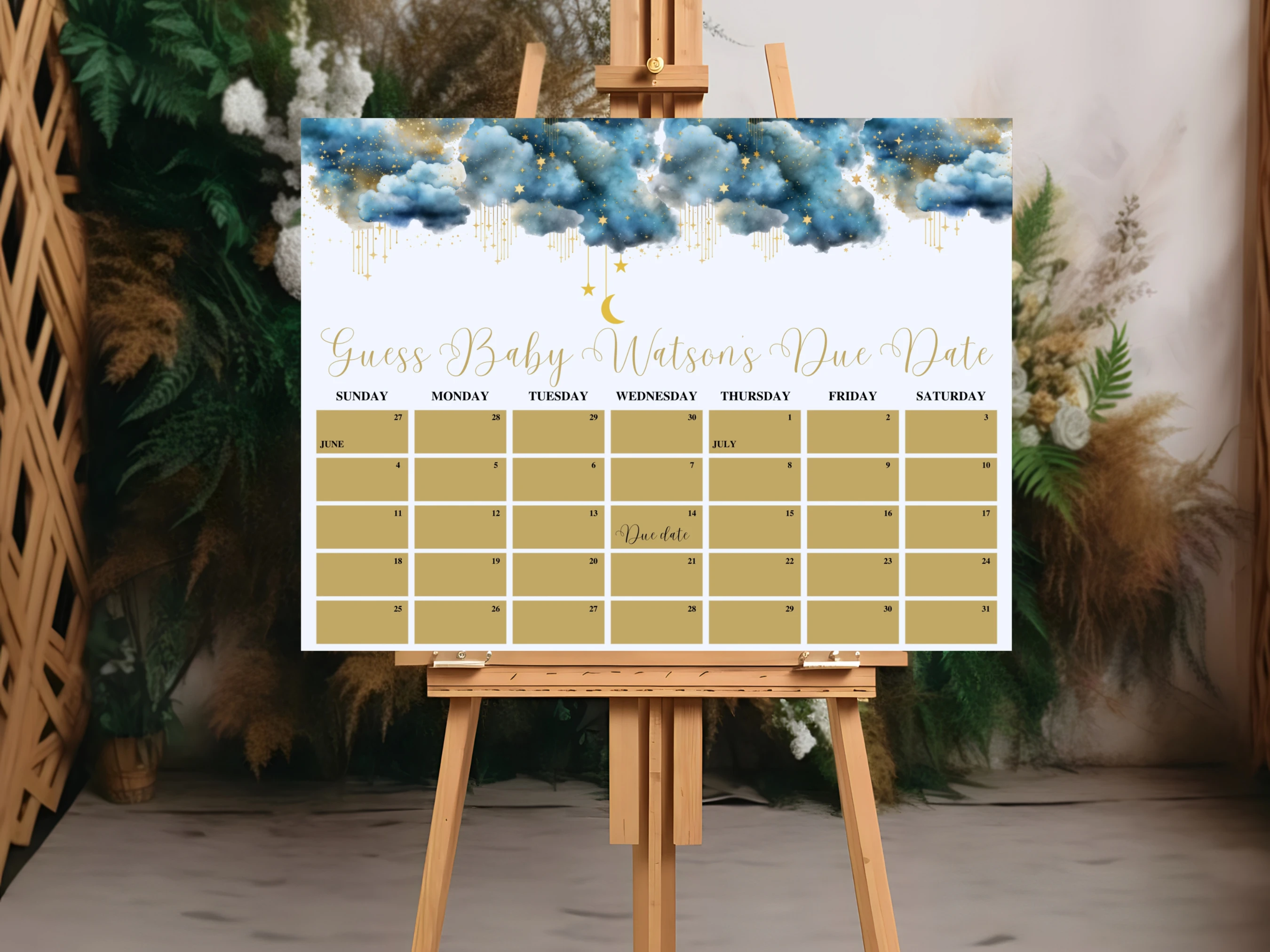 Twinkle Little Star Baby Due Date Calendar | Over The Moon Prediction Game | Blue And Gold Guess The Birthday | Editable Canva Template | Digital Download