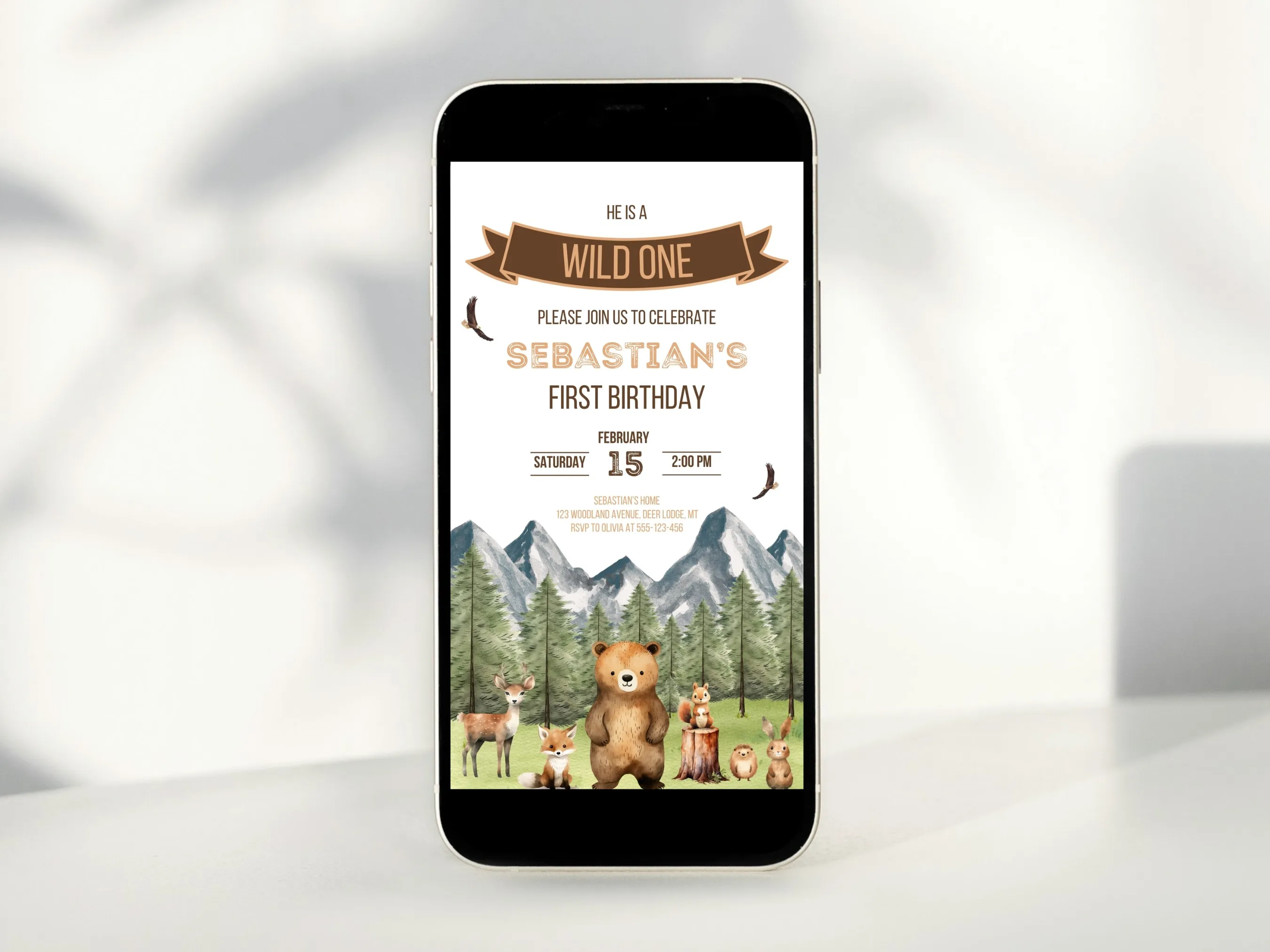 Woodland animals birthday mobile invitation with Wild One forest theme, editable Canva template for kids’ woodland party, digital download.