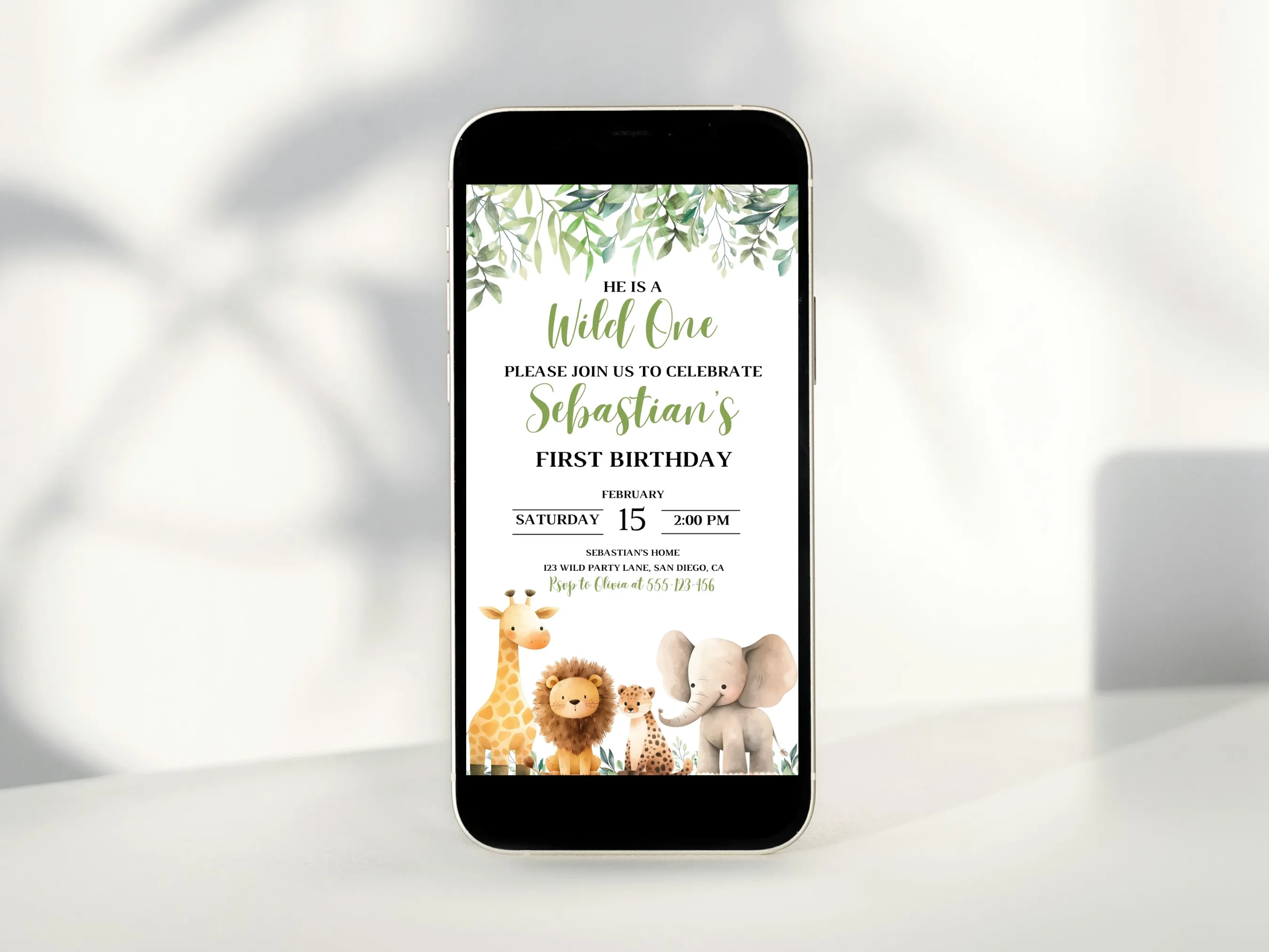 Wild One birthday mobile invitation with safari jungle theme, editable Canva template for kids’ wild animal party, digital download.