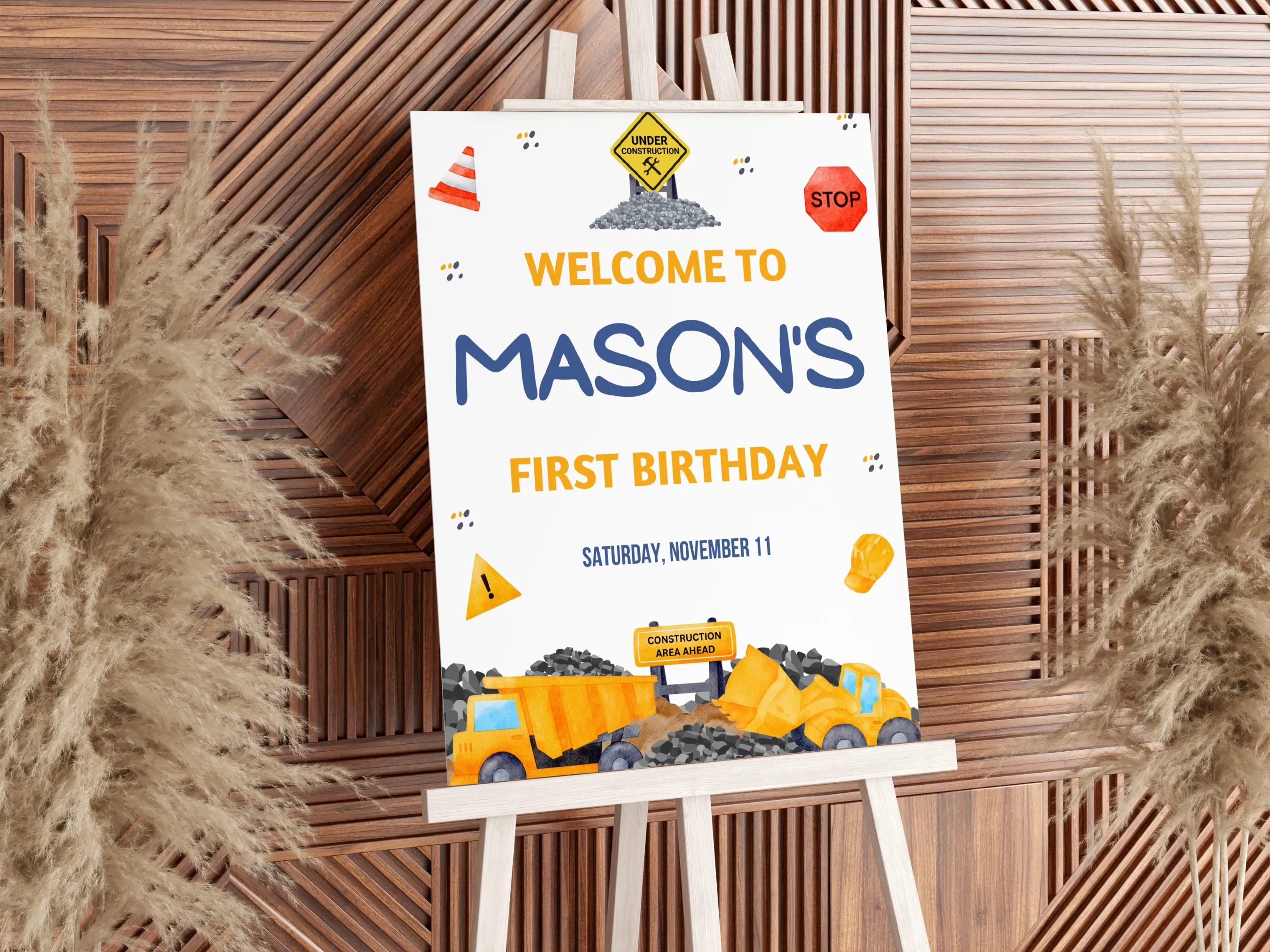 Construction birthday welcome sign with excavator theme, 1st birthday party welcome board, printable editable Canva template, digital download.