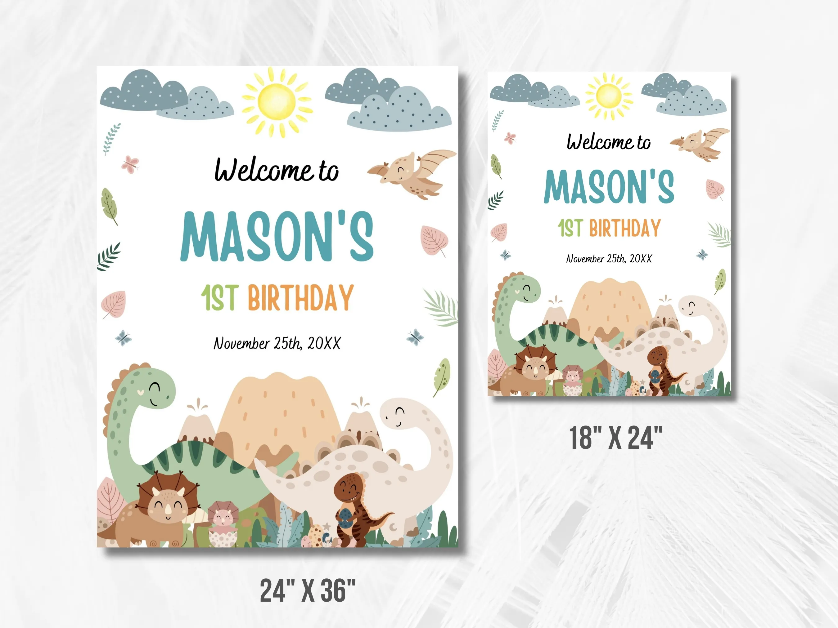 Baby Dinosaur 1st Birthday Welcome Sign | Boy Dino Party Welcome Board | Jurassic Birthday Entrance Poster | Editable Canva Template | Digital Download