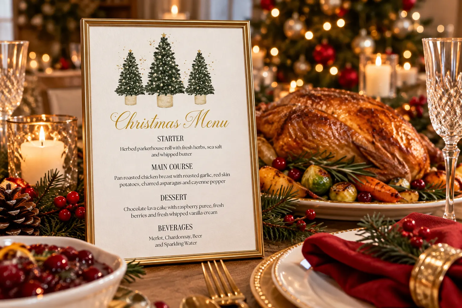 Christmas dinner menu displayed beside roast turkey, festive side dishes, candles and elegant holiday tableware