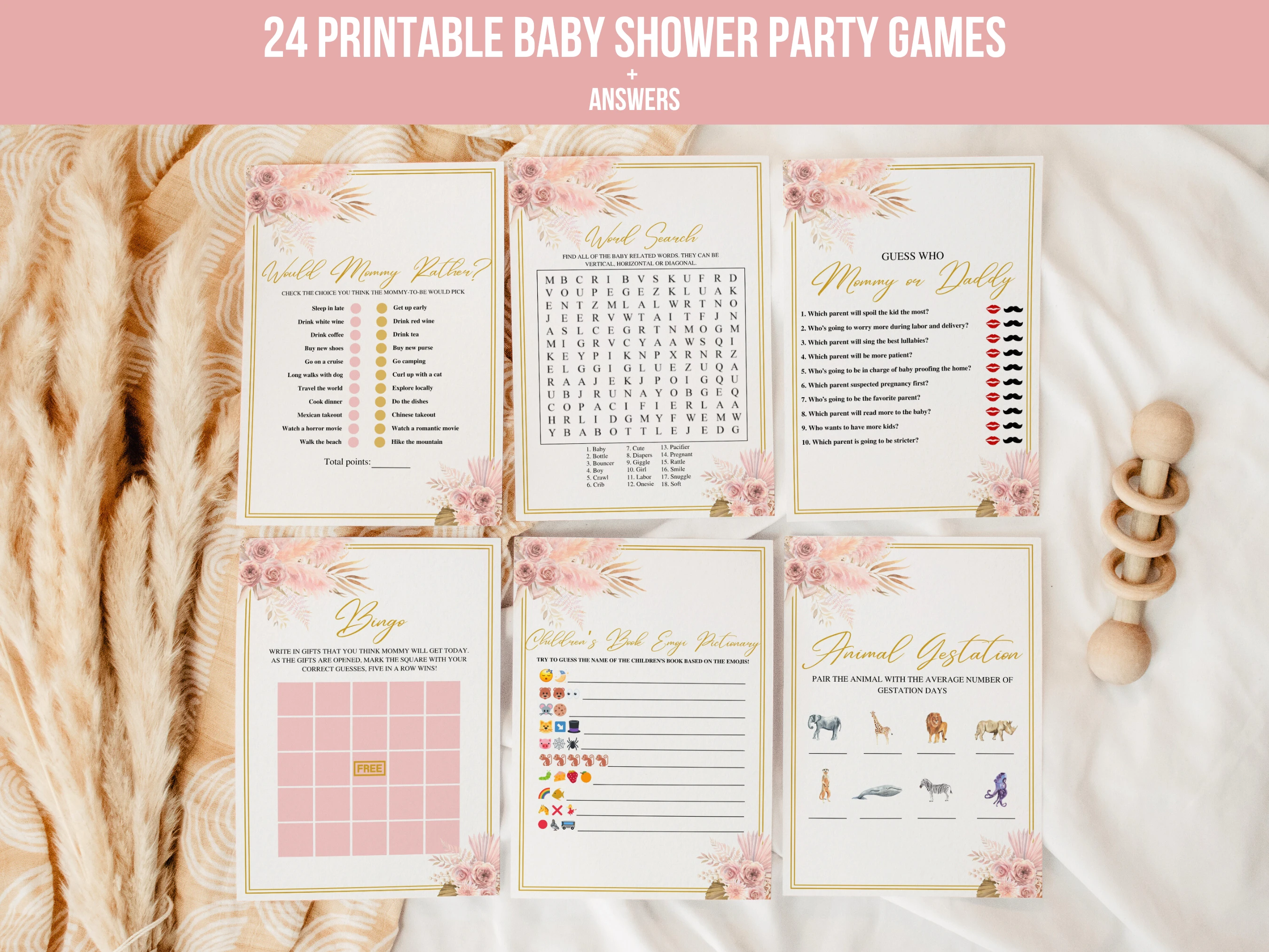 boho baby shower games bundle, baby shower bingo printable games, pampas grass baby shower games, 24 printable baby shower games bundle, editable baby shower games Canva