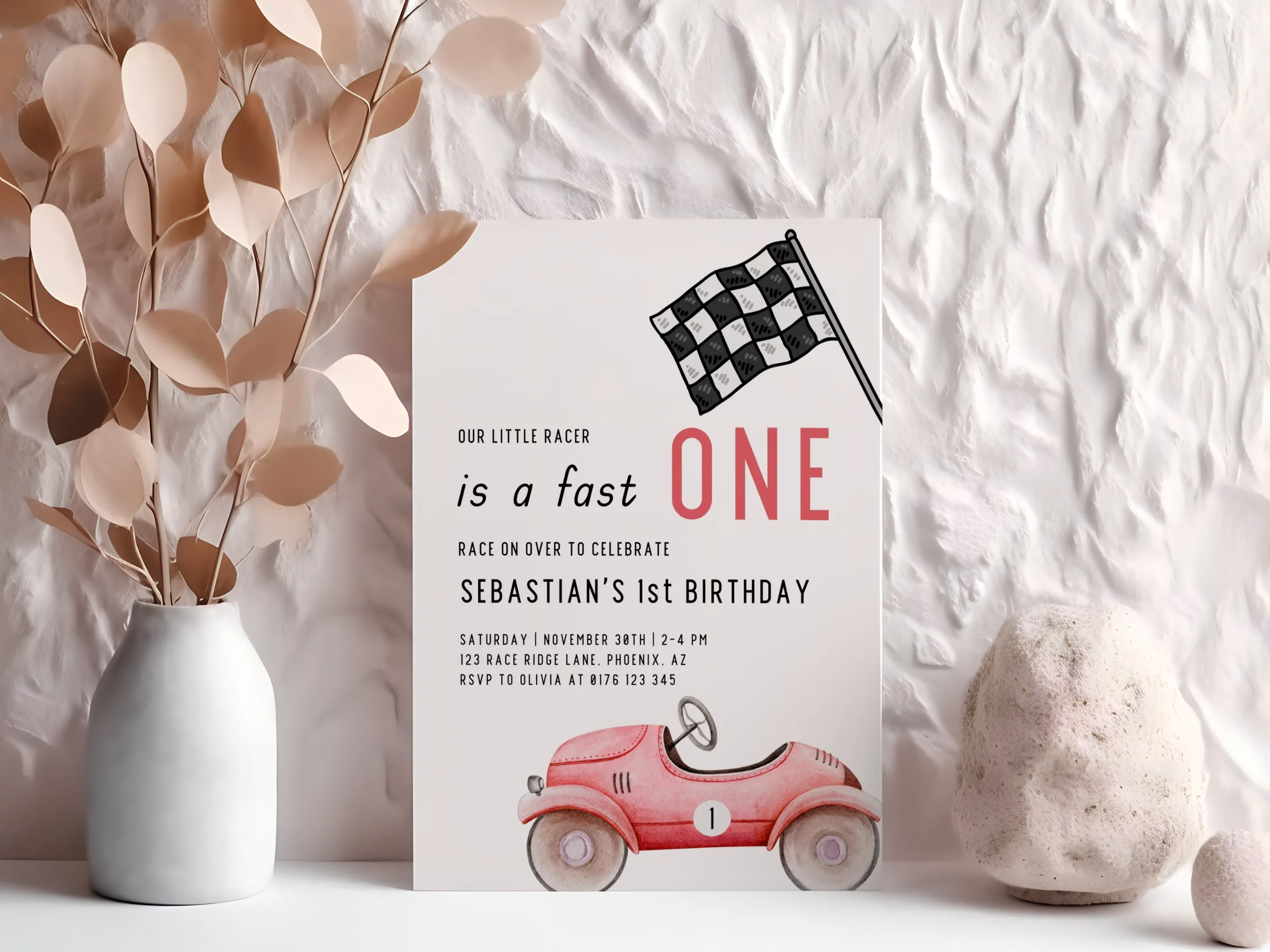 Fast One First Birthday Invitation | Vintage Race Car Party | Editable Canva Template | Digital Download