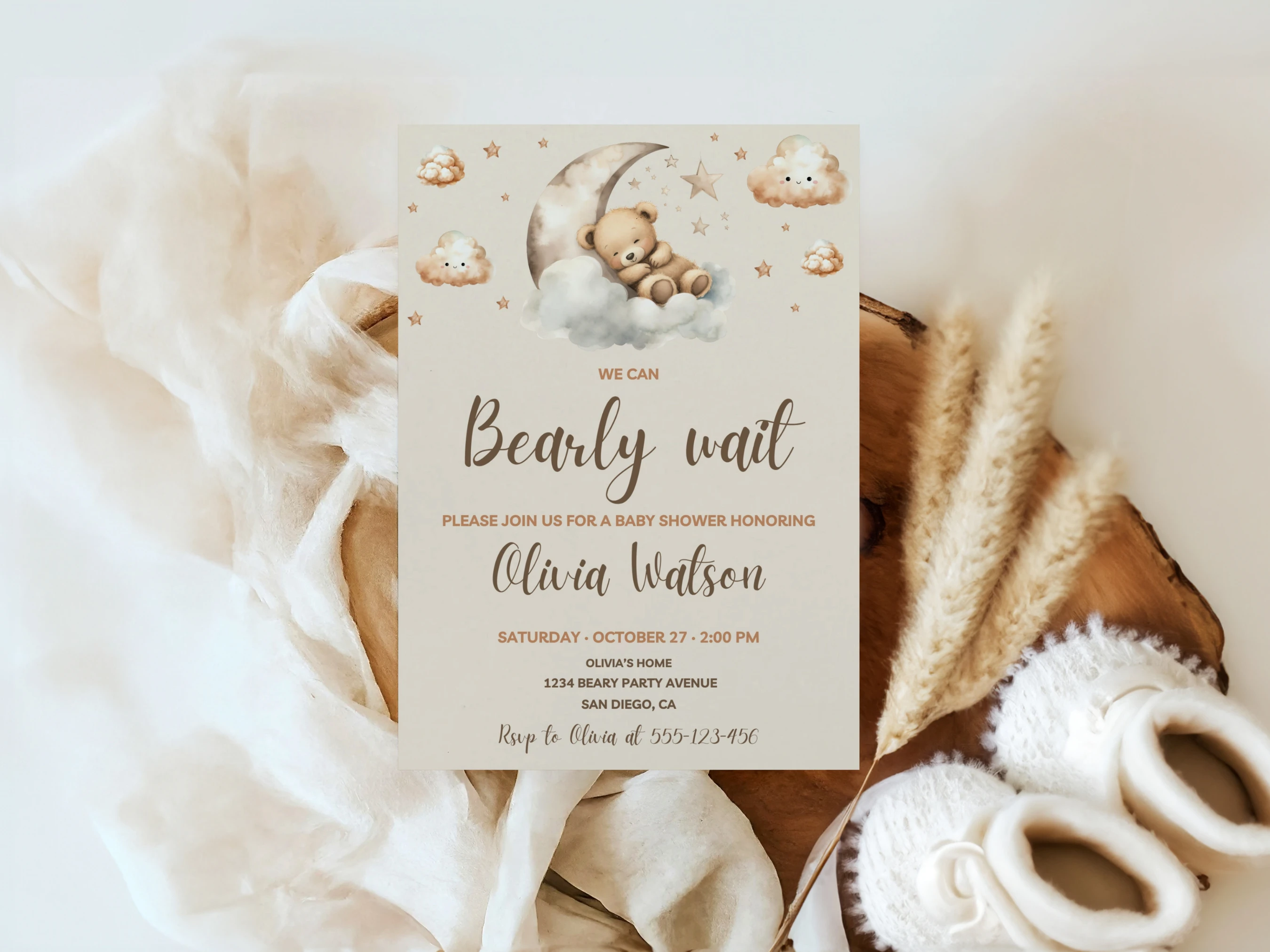 Sleeping Teddy Bear Baby Shower Invitation Set | Beige And Gold Over The Moon Starter Pack | Editable Canva Template | Digital Download