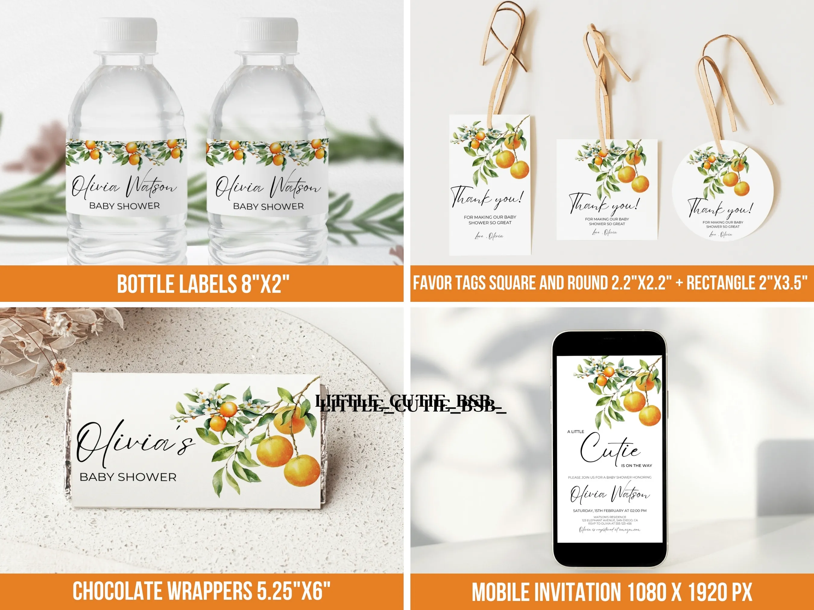 Little Cutie Baby Shower Bundle | Clementine Theme Canva Templates | Digital Download