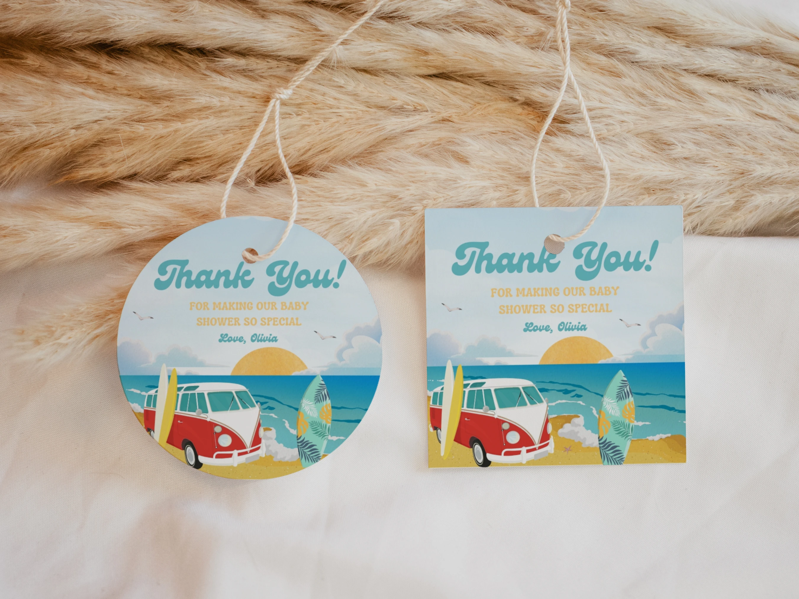 Baby On Board Baby Shower Thank You Tags | Surf Ocean Tropical Favor Tags | Editable Canva Template | Digital Download