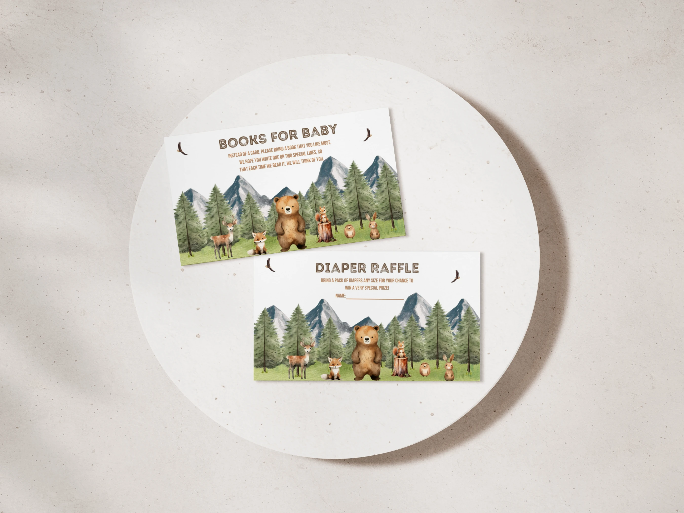 woodland diaper raffle card, adventure awaits books for baby card, forest animals diaper raffle ticket printable, mountain baby shower insert card, editable diaper raffle card Canva