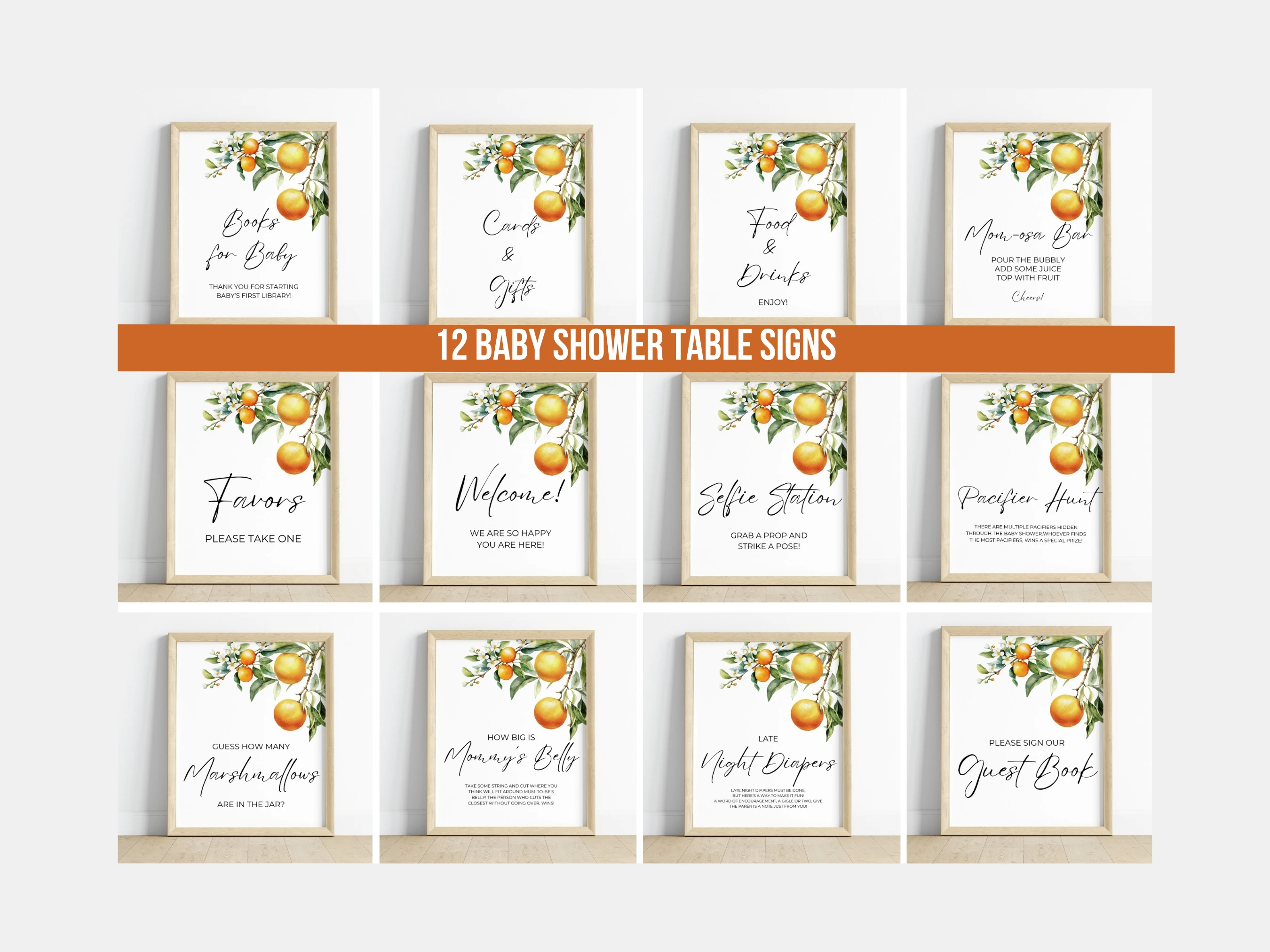 little cutie baby shower table sign printable, orange late night diapers sign, clementine diaper raffle baby shower sign, pacifier hunt baby shower sign printable, editable baby shower sign Canva
