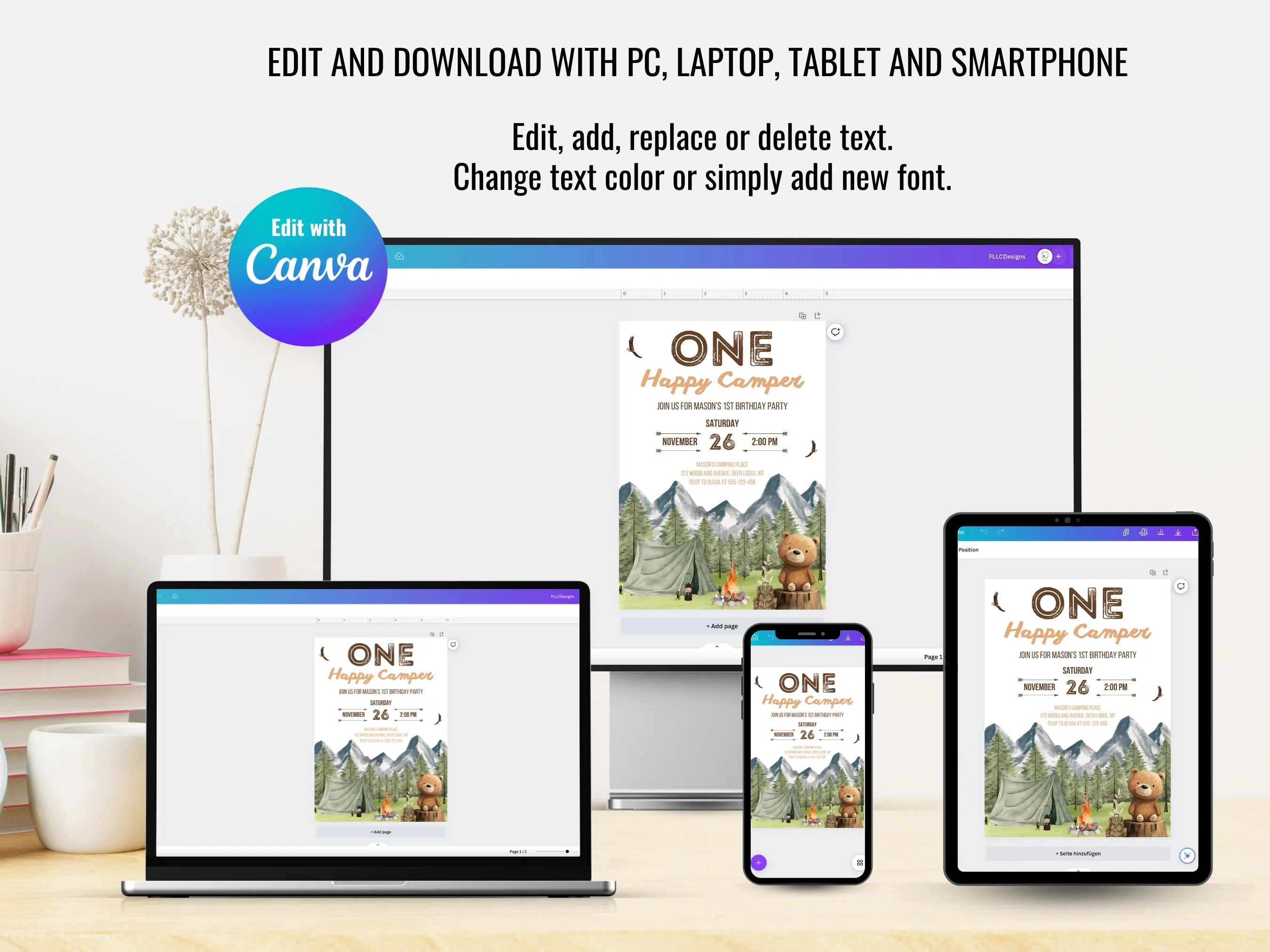 One Happy Camper Birthday Bundle | 1st Birthday Invitation Boy | Teddy Bear Camping Party Decor | Woodland Birthday Templates | Editable Canva Templates