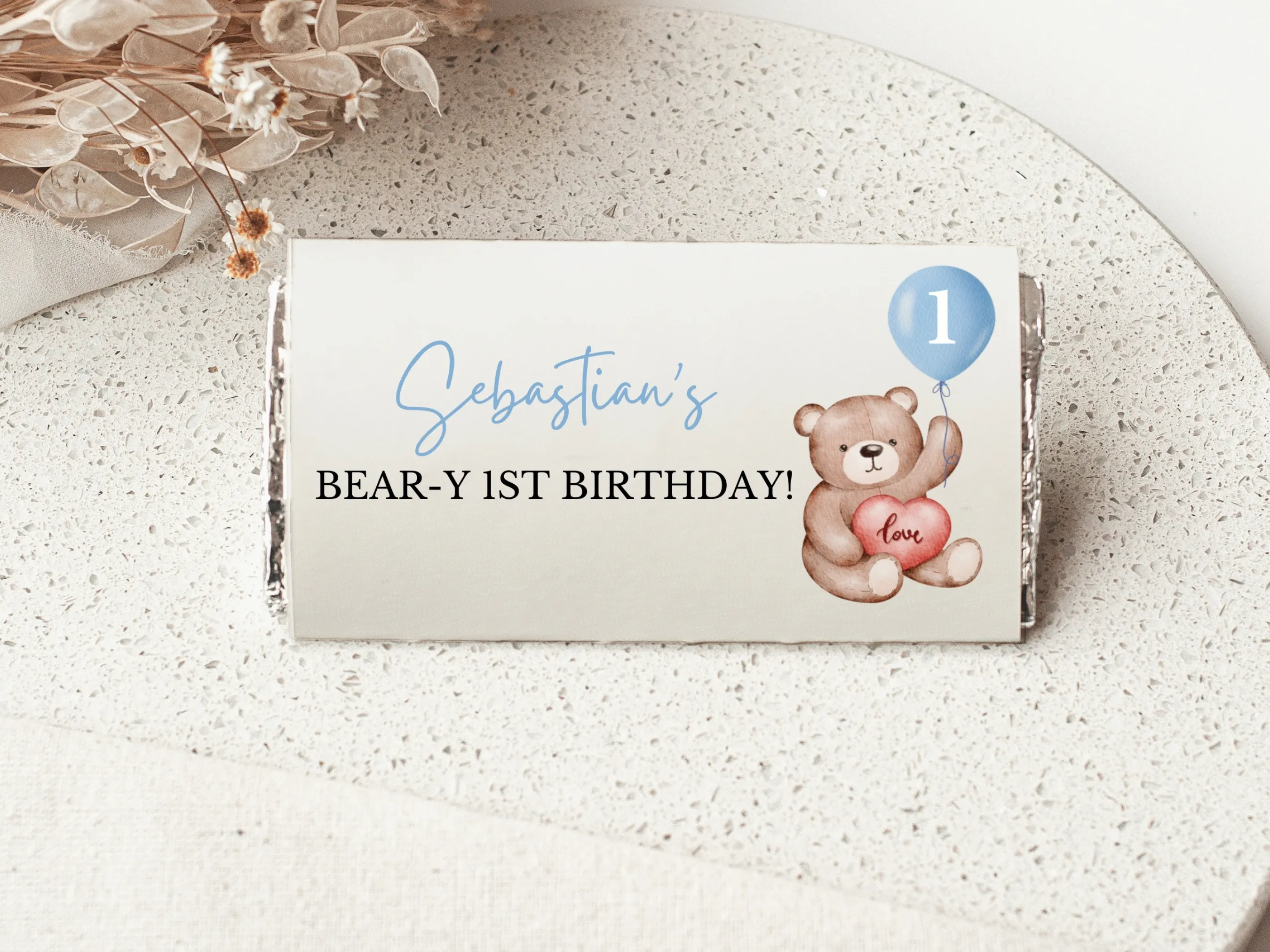 Teddy Bear 1st birthday chocolate wrappers with cute bear design, mini candy bar labels, editable Canva template by fllcdesigns