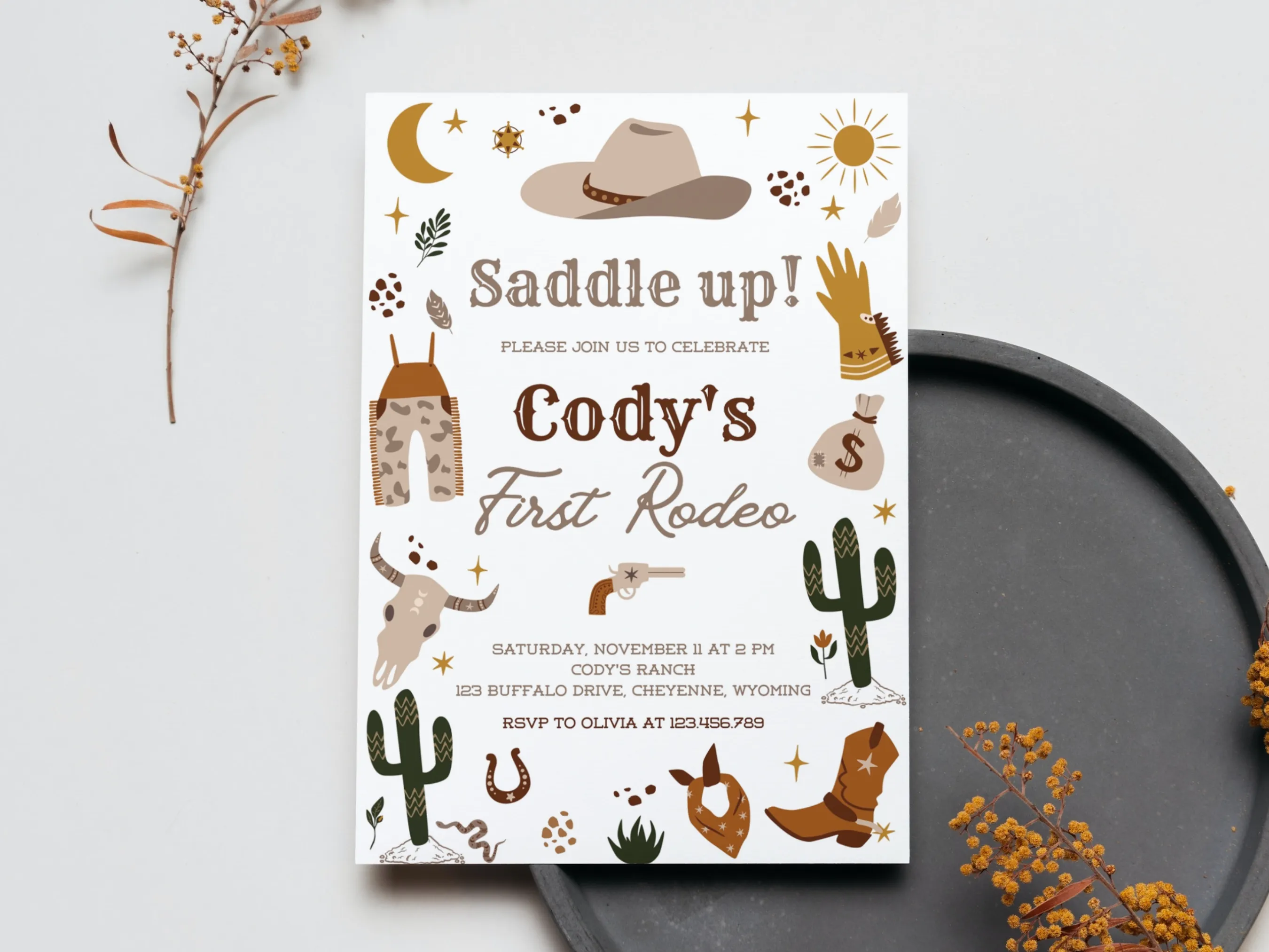 My First Rodeo birthday invitation with wild west cowboy theme, editable Canva template for kids’ rodeo party, digital download.