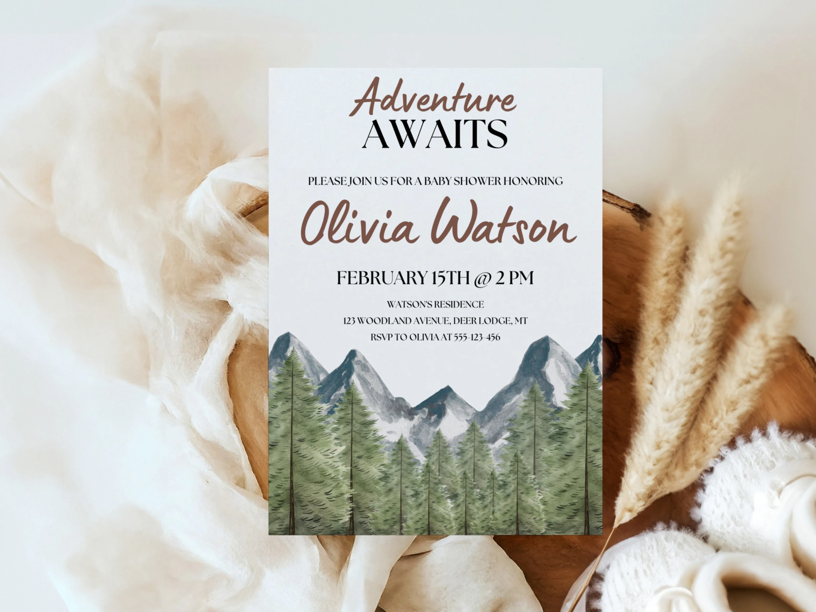 Adventure Awaits Baby Shower Invitation Set | Gender Neutral Forest And Mountains Starter Pack | Editable Canva Template | Digital Download