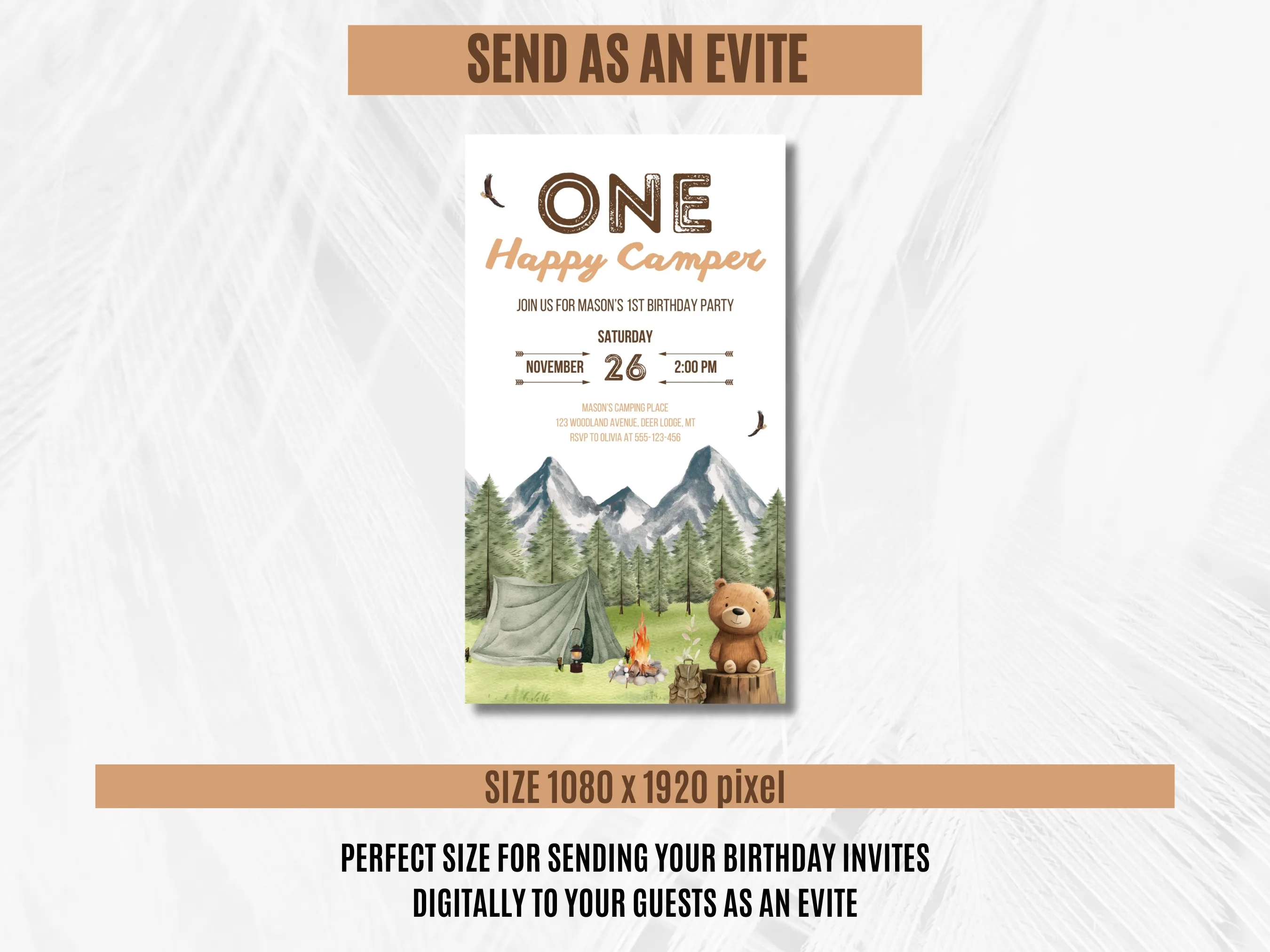 One Happy Camper 1st Birthday Mobile Invitation | Woodland Camping Evite | Editable Canva Template | Digital Download