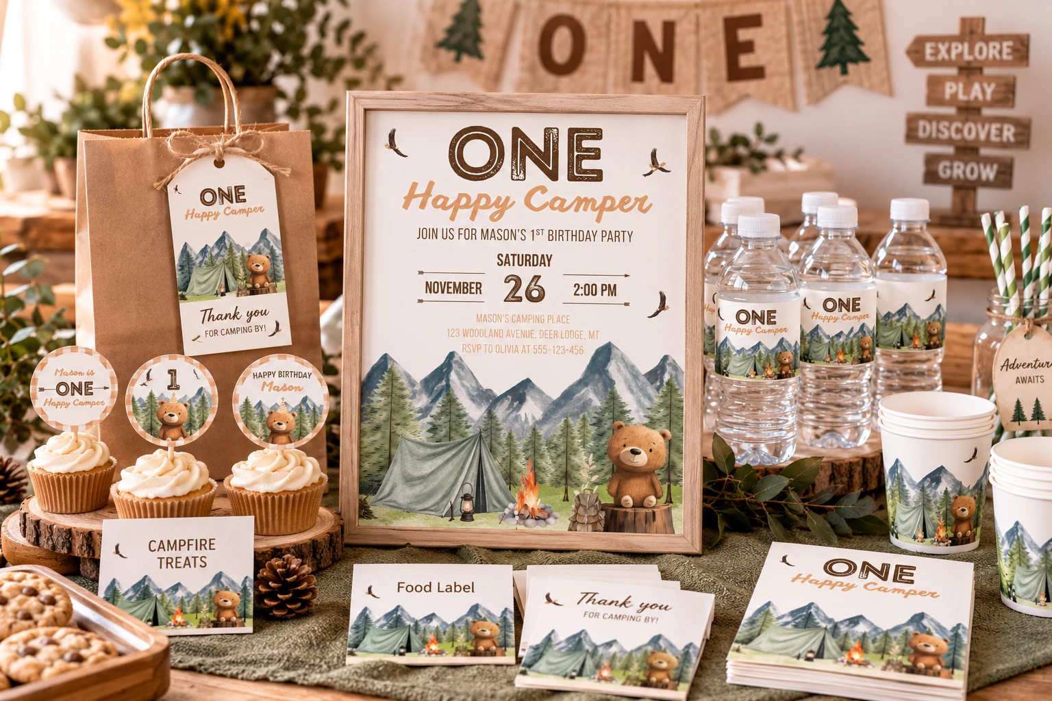 Coordinated One Happy Camper first birthday decorations with invitation, signs, cupcake toppers, labels and party details