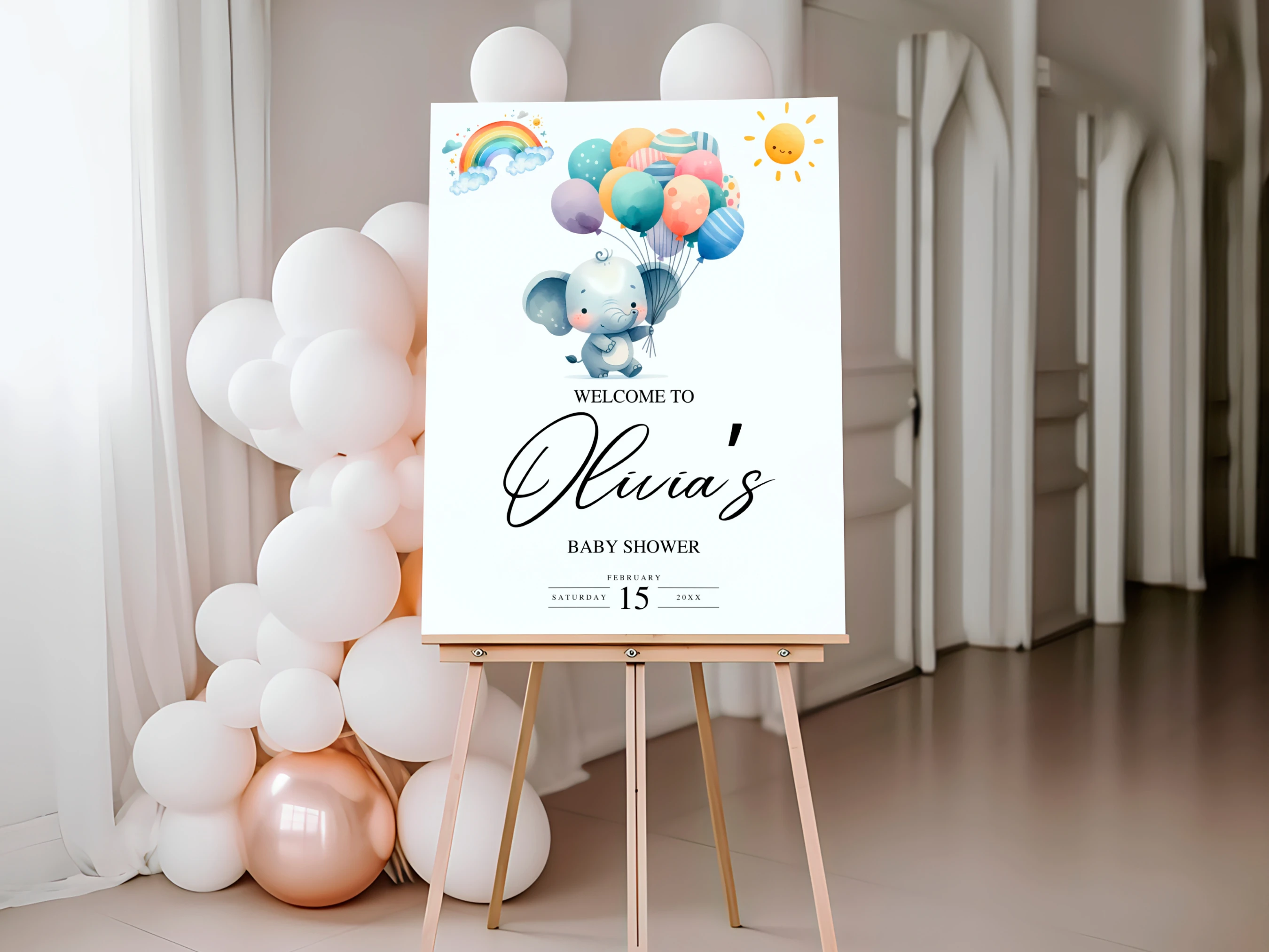 elephant baby shower welcome sign little peanut rainbow balloon welcome board canva template digital download, little peanut baby shower welcome poster rainbow elephant decorations canva template