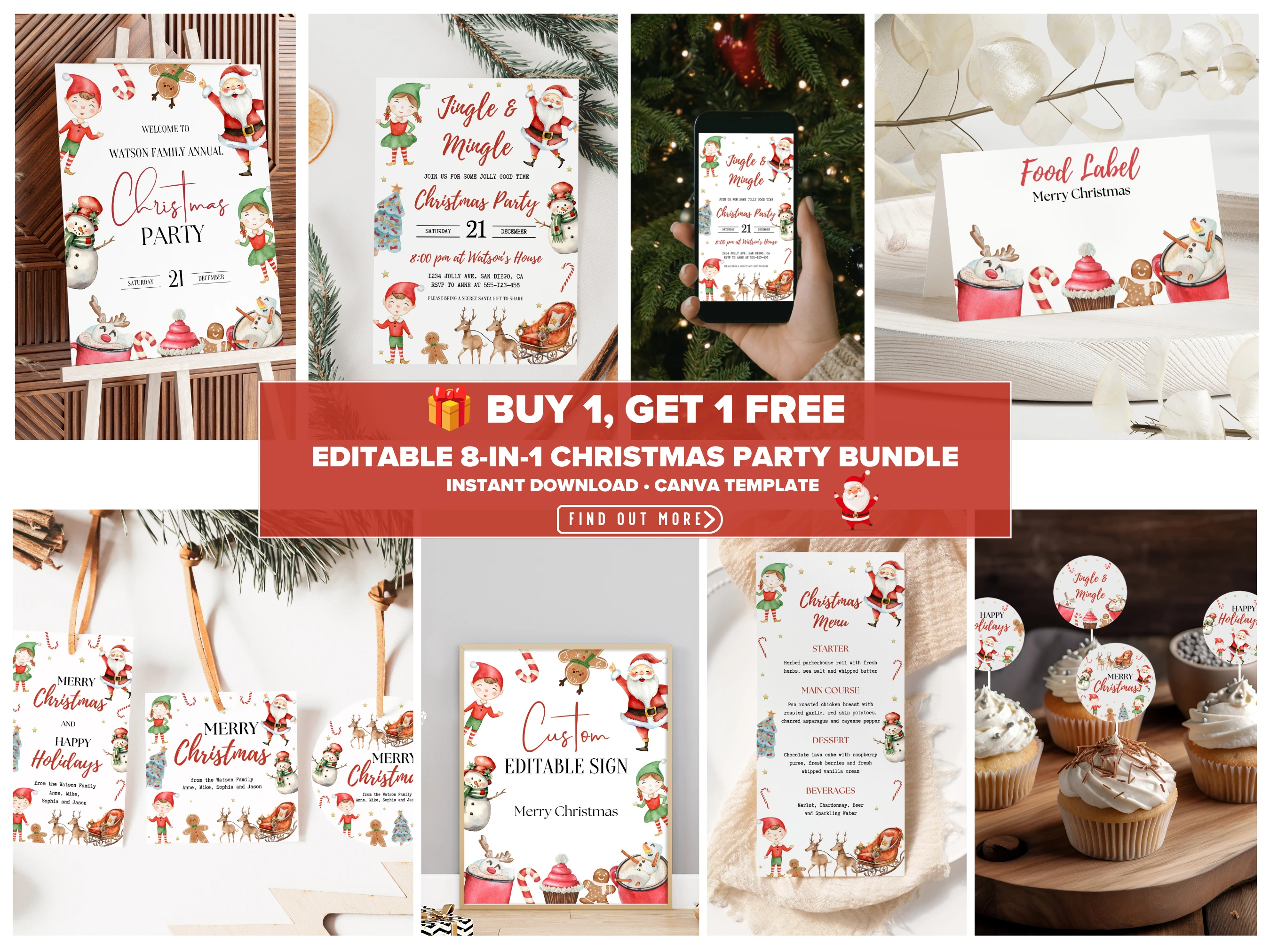 Santa Christmas party bundle with watercolor elves, snowmen, reindeer, gingerbread figures, invitations, menus, signs, favor tags and cupcake toppers