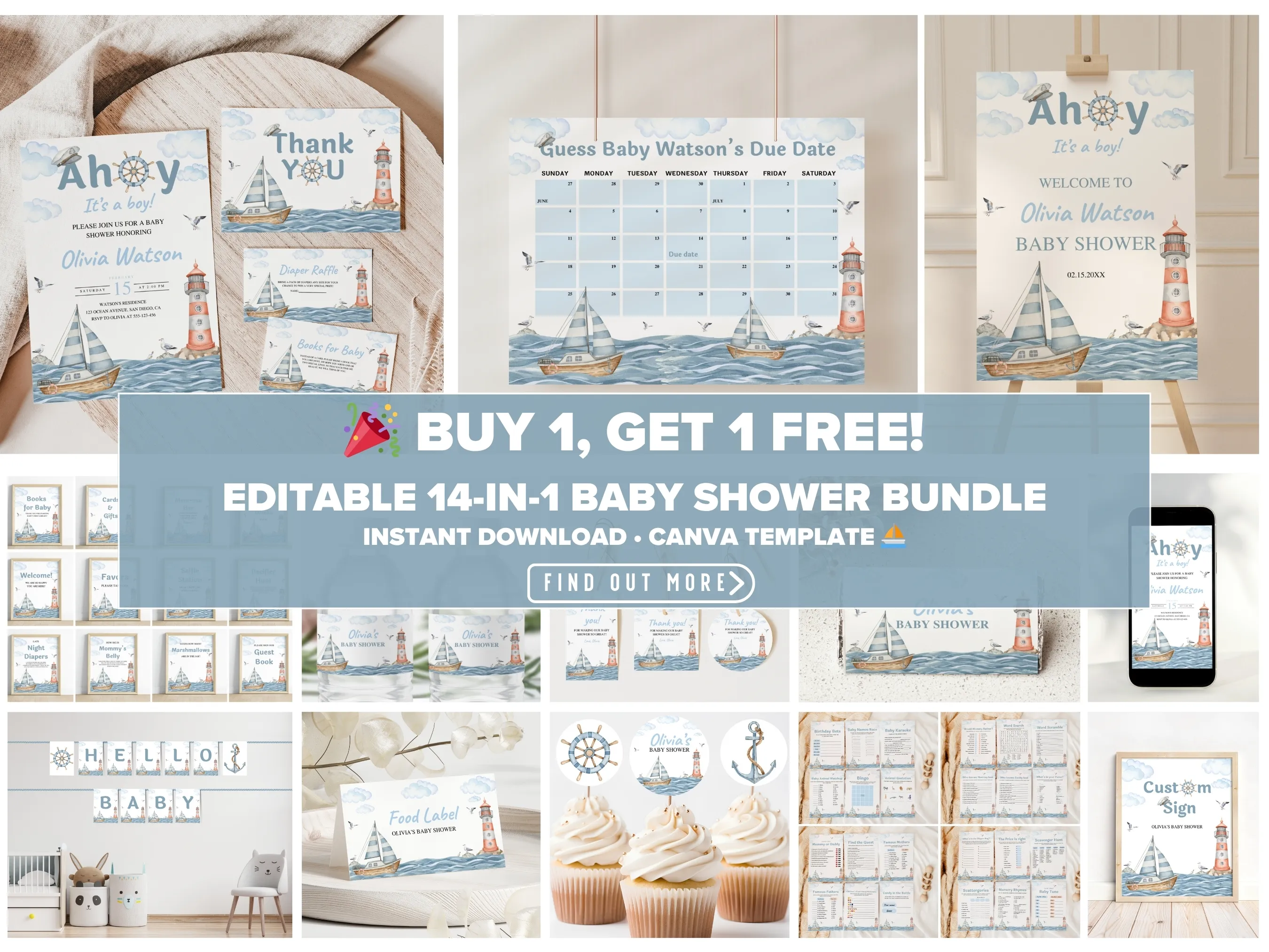 Ahoy It’s a Boy nautical baby shower bundle — editable Canva templates for sailboat invitations, ocean-themed games & party decorations (digital download)