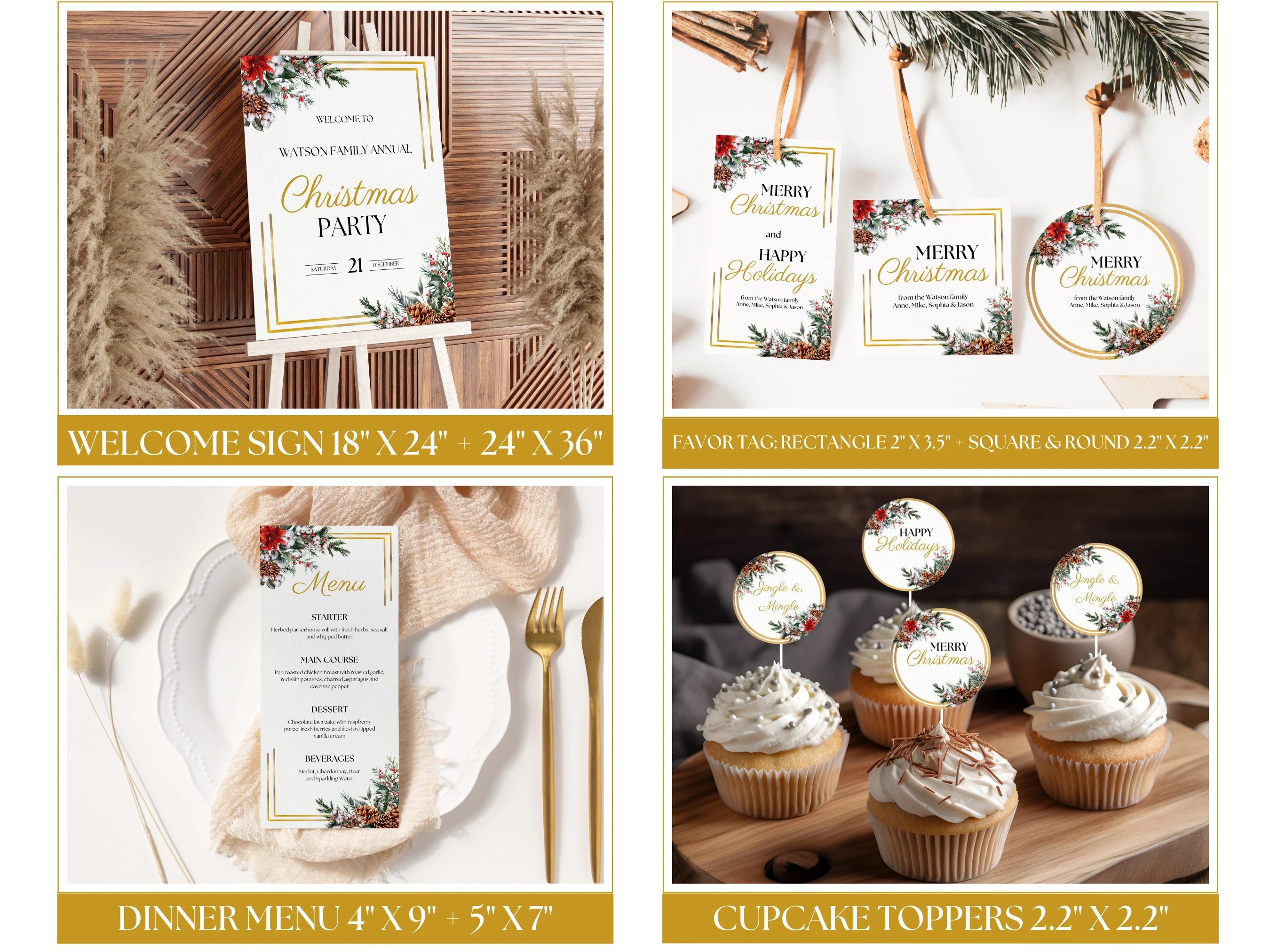 Golden Frame Christmas Dinner Party Bundle | Elegant Greenery Holiday Table Decor | Editable Canva Template | Digital Download