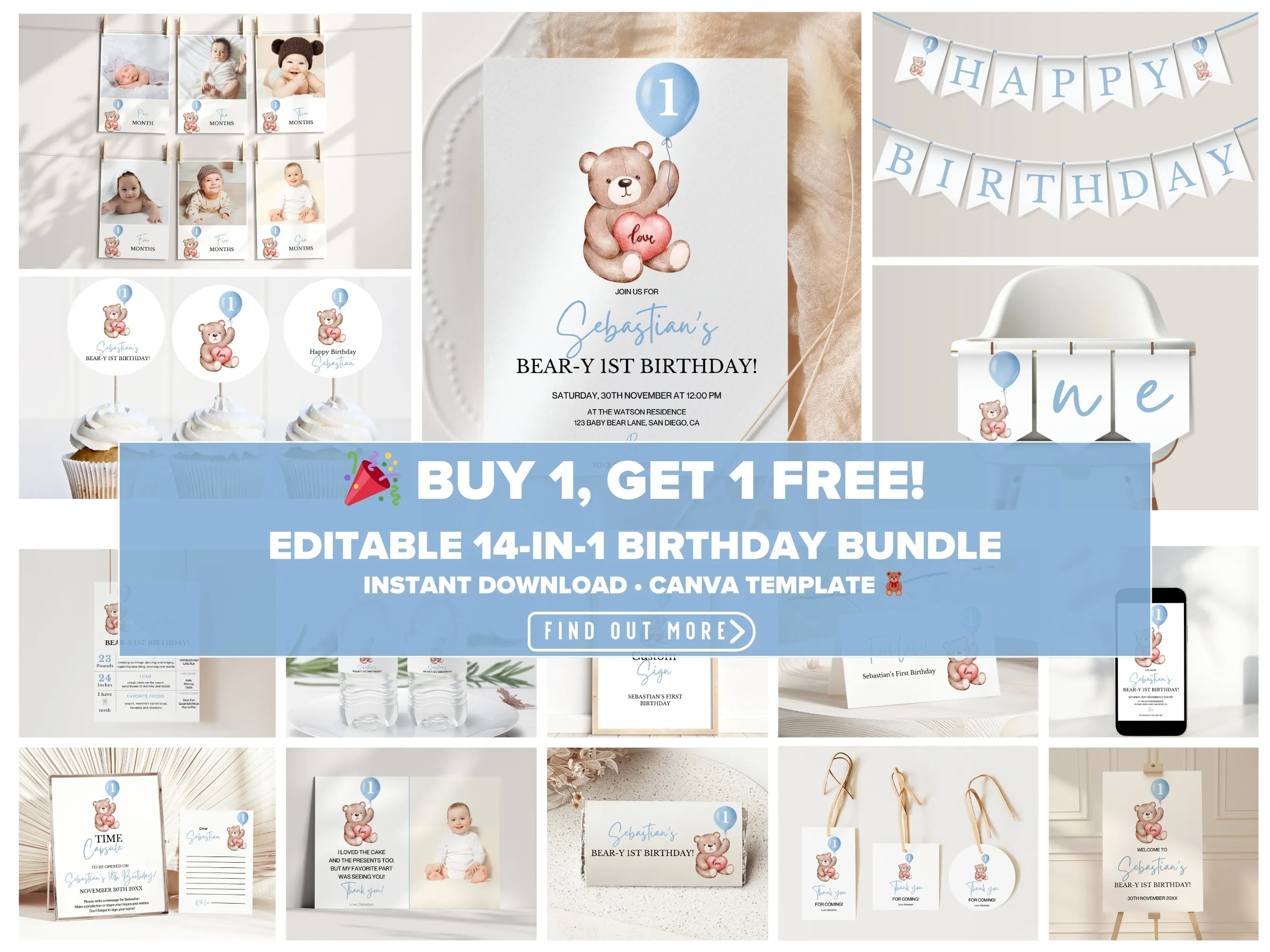 Beary First Birthday bundle — teddy bear theme editable Canva templates for first birthday invitations, signs & party decorations (digital download)