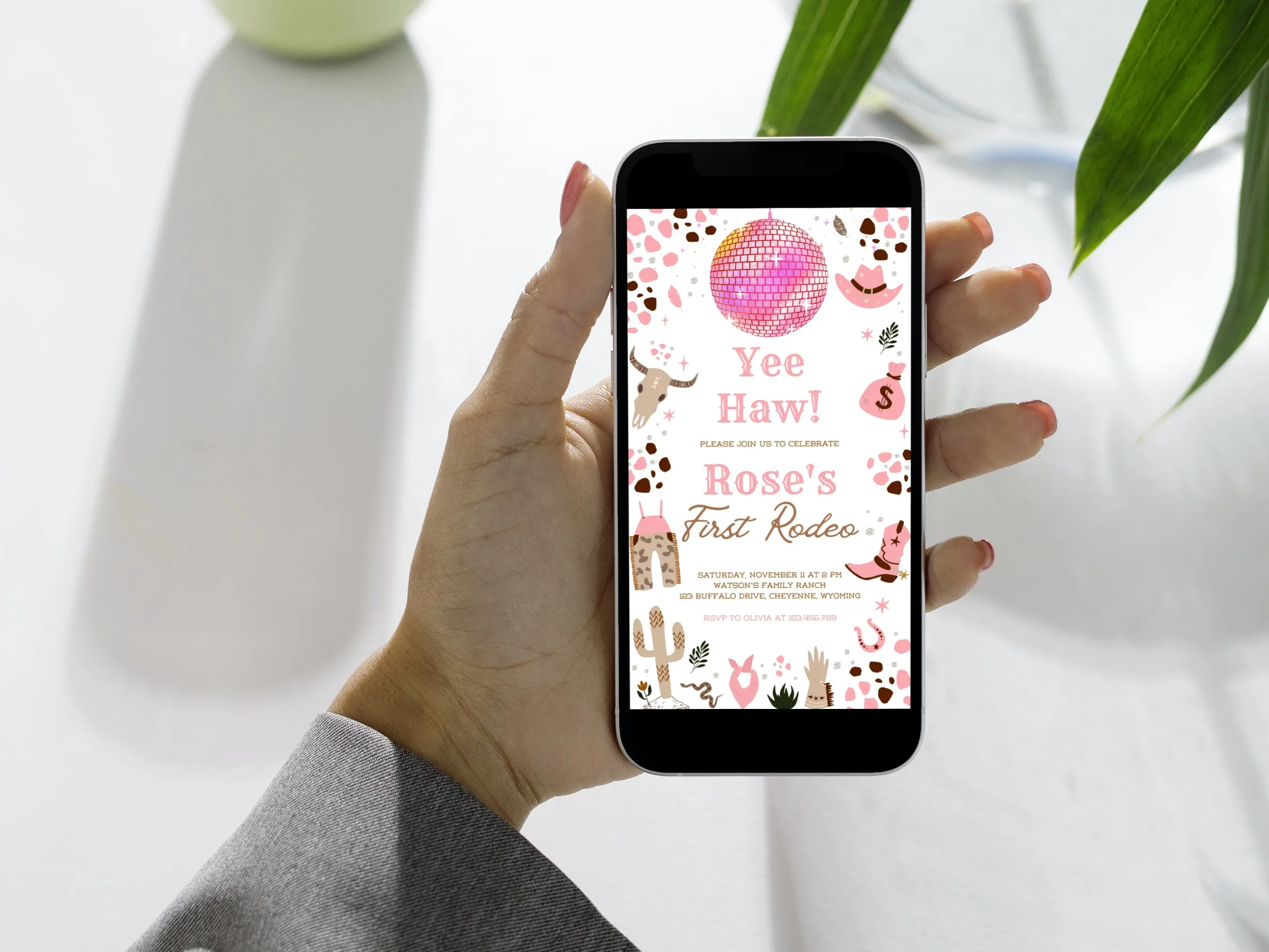 Space Cowgirl First Rodeo Birthday Mobile Invitation | Disco Western Evite | Editable Canva Template | Digital Download