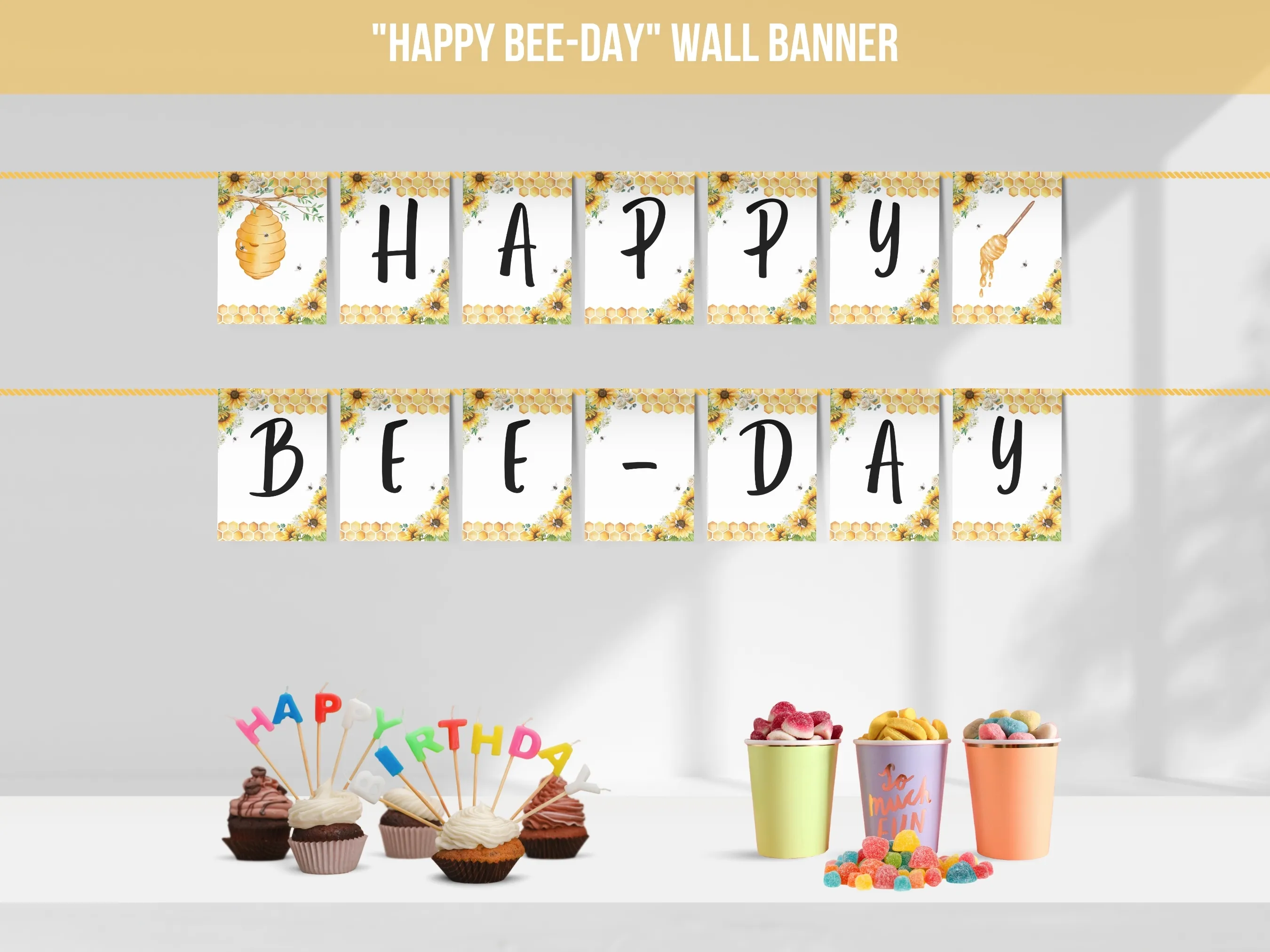 First Bee Day Happy Birthday banner with sunflower and bumble bee theme, customizable bee birthday bunting, editable Canva template by fllcdesigns