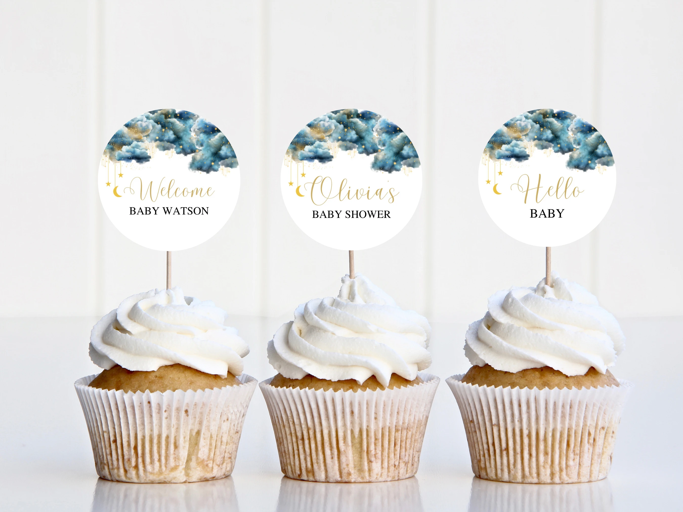 Twinkle Little Star Baby Shower Cupcake Toppers | Moon and Stars Blue Gold Cake Topper | Editable Canva Template | Digital Download