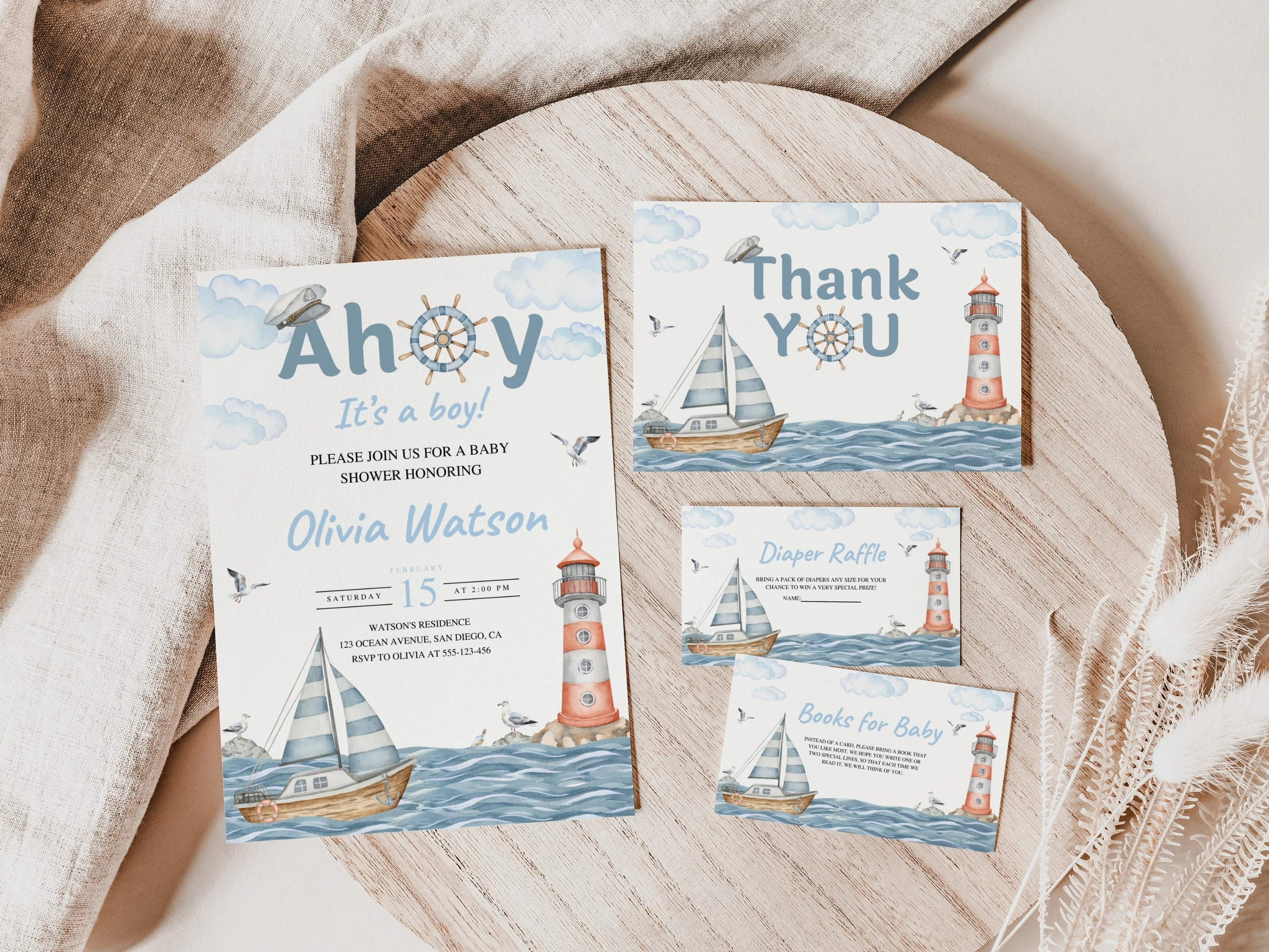nautical baby shower invitation set ahoy its a boy blue starter pack baby boy invite thank you cards diaper raffle books for baby canva template digital download, ocean sailboat baby shower invitation bundle