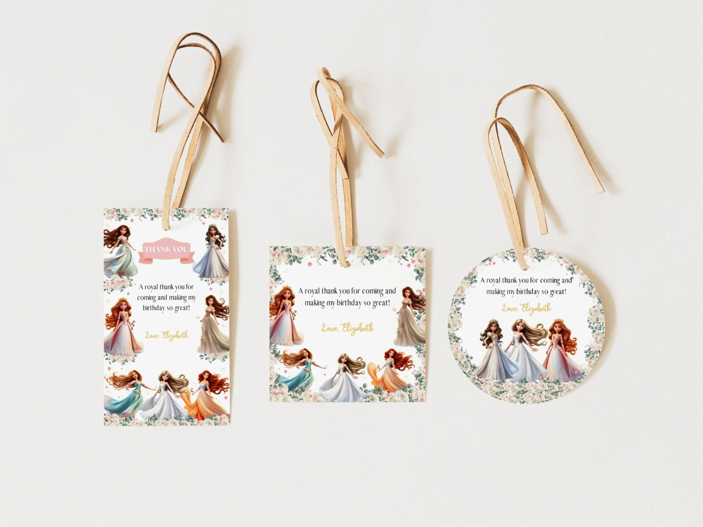 Princess birthday favor tags with royal crown, pink and gold theme, elegant thank you labels, editable Canva template by fllcdesigns