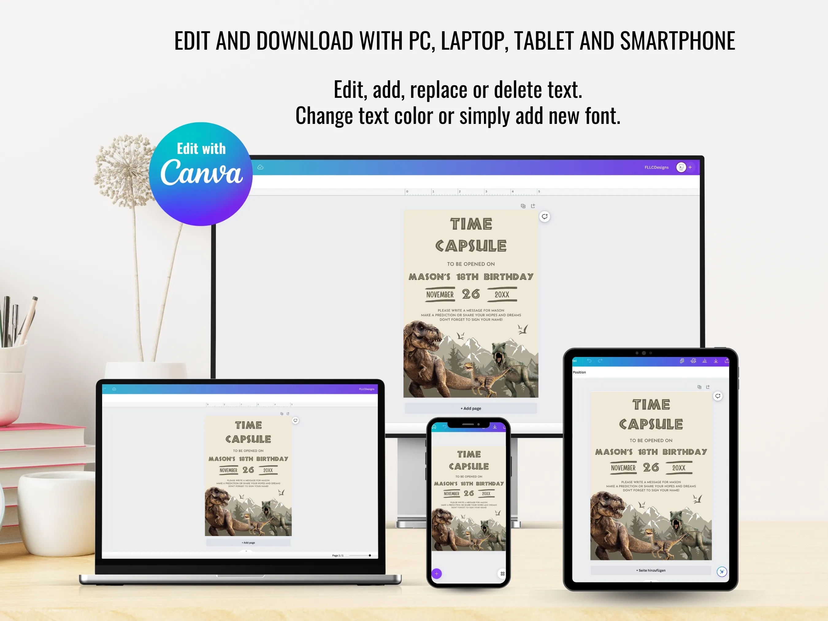 Dinosaur Birthday Time Capsule | Jurassic Party Guest Book & Wishes Cards | Editable Canva Template | Digital Download