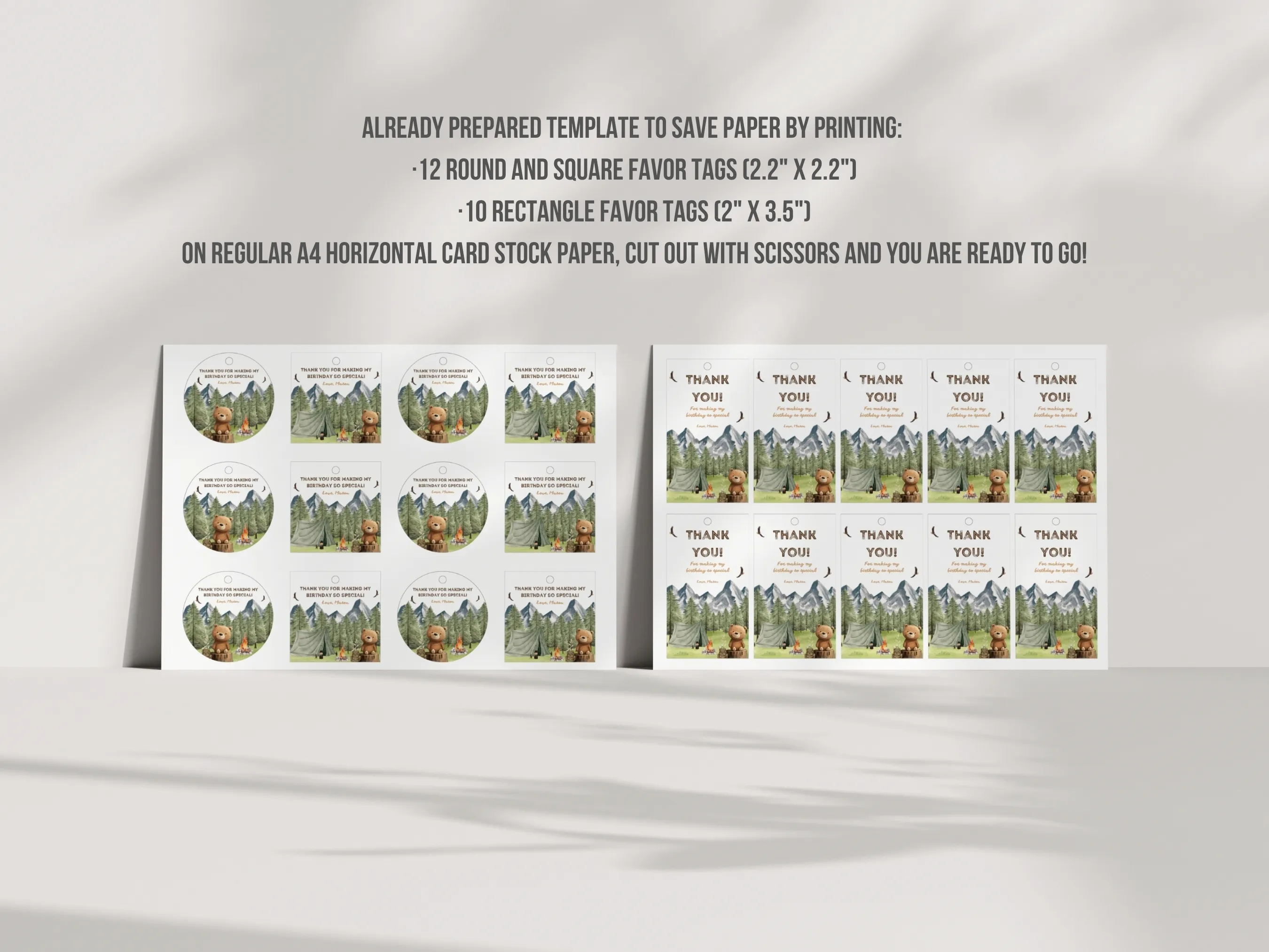 One Happy Camper Birthday Gift Tags | Woodland Party Favor Labels | Camping Theme Gift Tags | Editable Canva Template | Digital Download