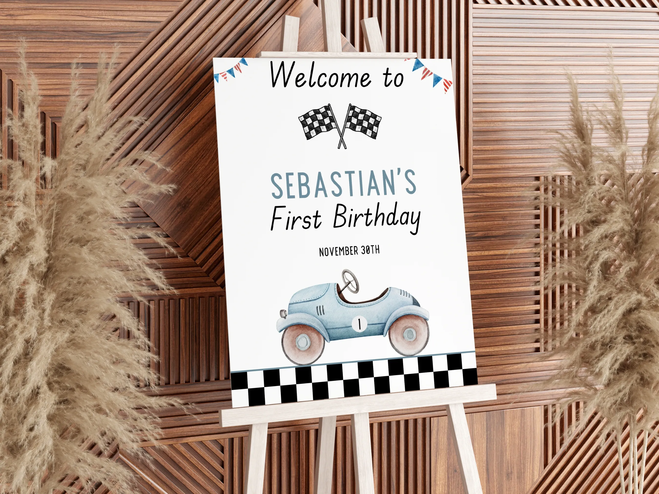 Fast One birthday welcome sign with vintage race car theme, 1st birthday party welcome board design, editable Canva template, digital download.