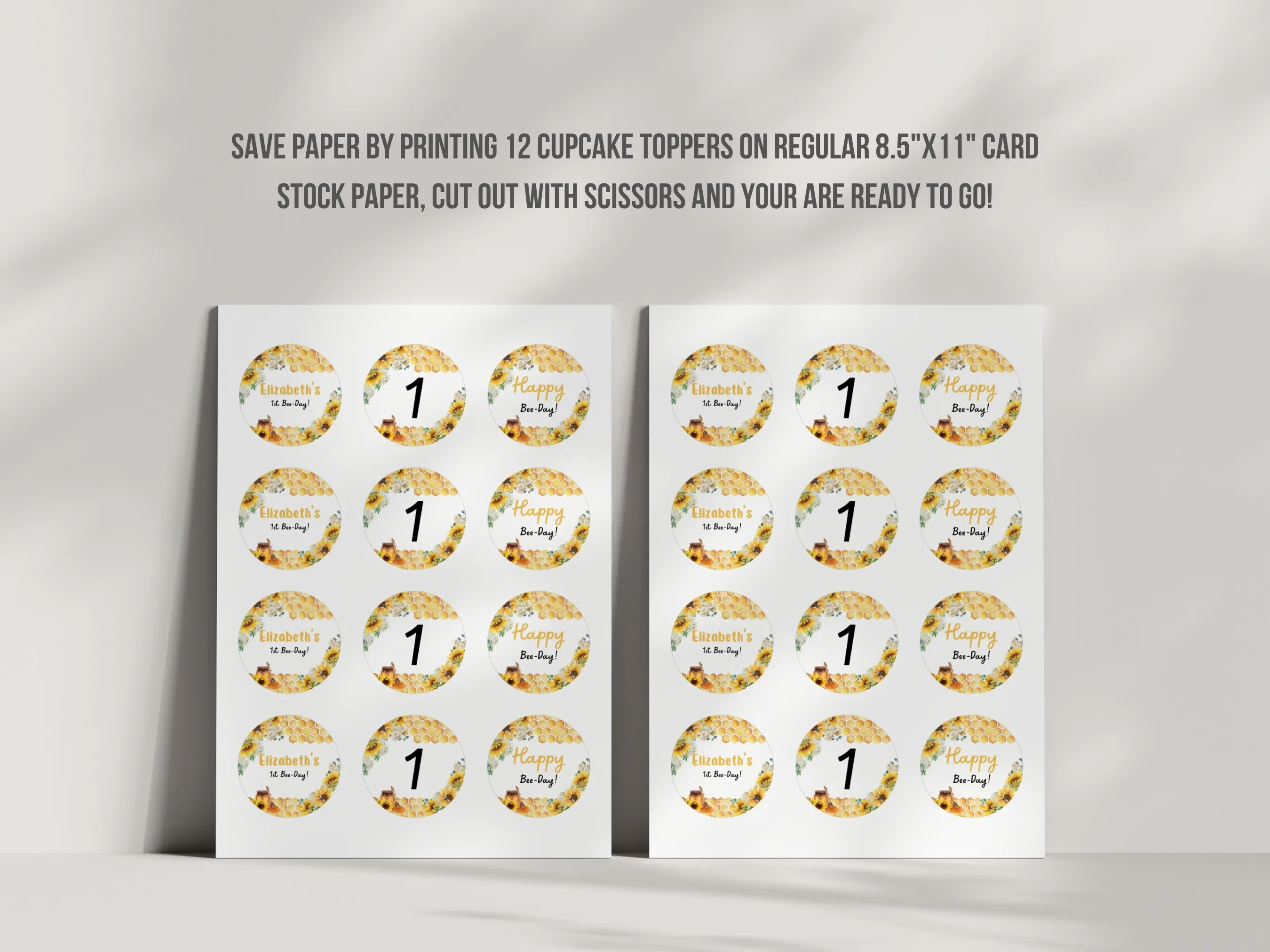 First Bee Day Cupcake Toppers | Sunflower Bee Birthday Cupcake Toppers | Honey Bee Party Toppers | Editable Canva Template | Digital Download
