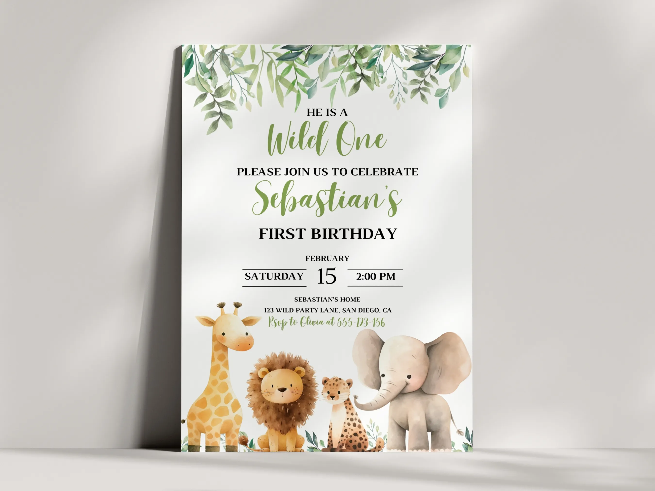 Wild One safari birthday invitation — jungle animals theme editable Canva template for kids’ birthday party (digital download)