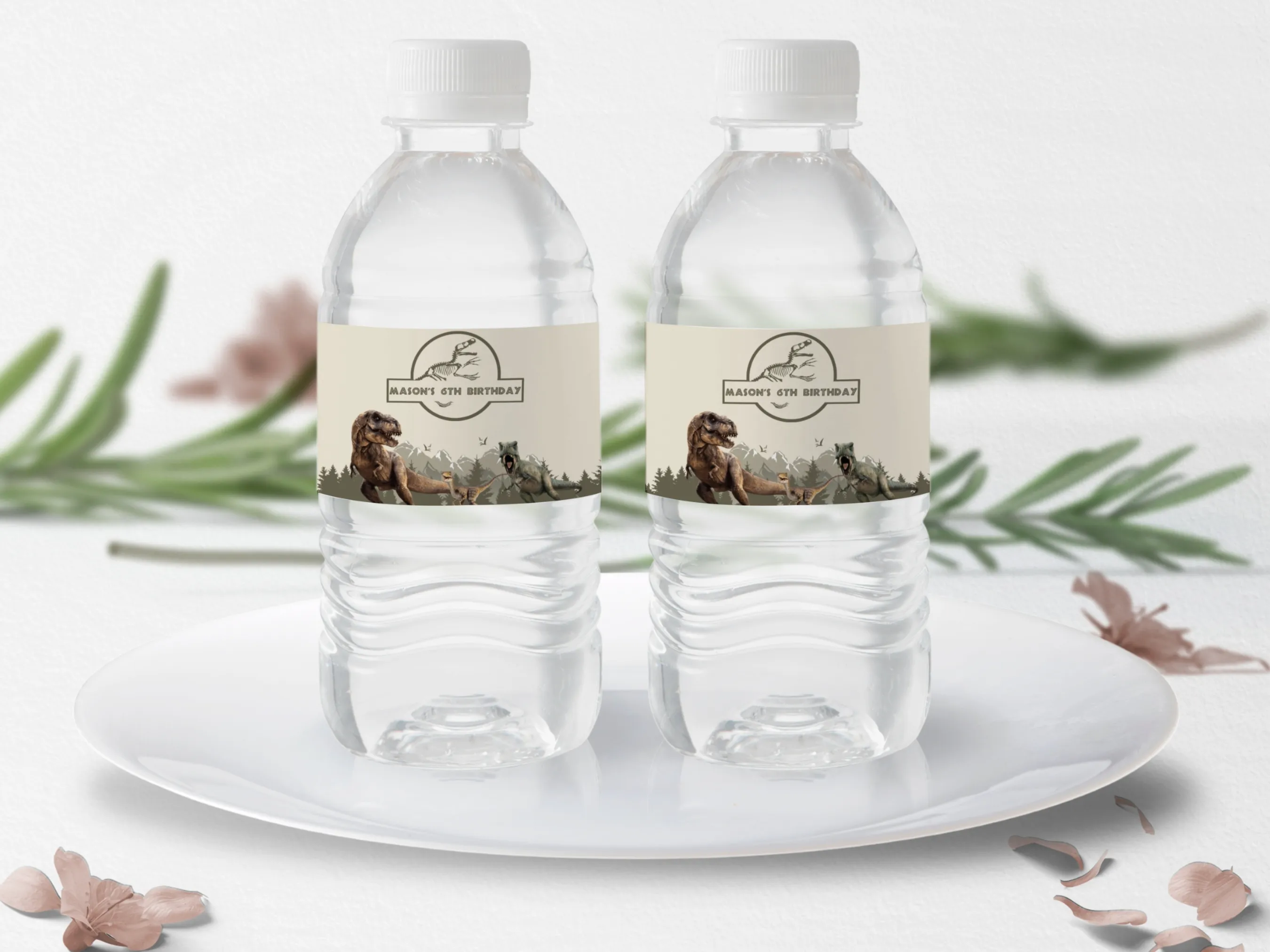 Dinosaur birthday water bottle labels with Jurassic dino theme, editable bottle bands and party bottle stickers by fllcdesigns