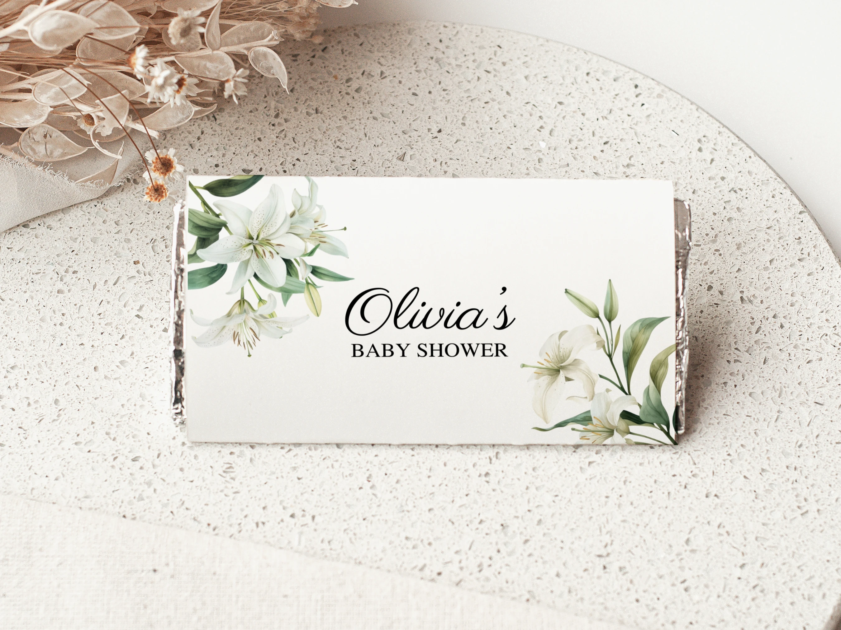 baby in bloom baby shower chocolate wrapper, wildflower candy bar wrapper printable, greenery baby shower chocolate label, floral baby shower candy bar label, editable chocolate wrapper Canva