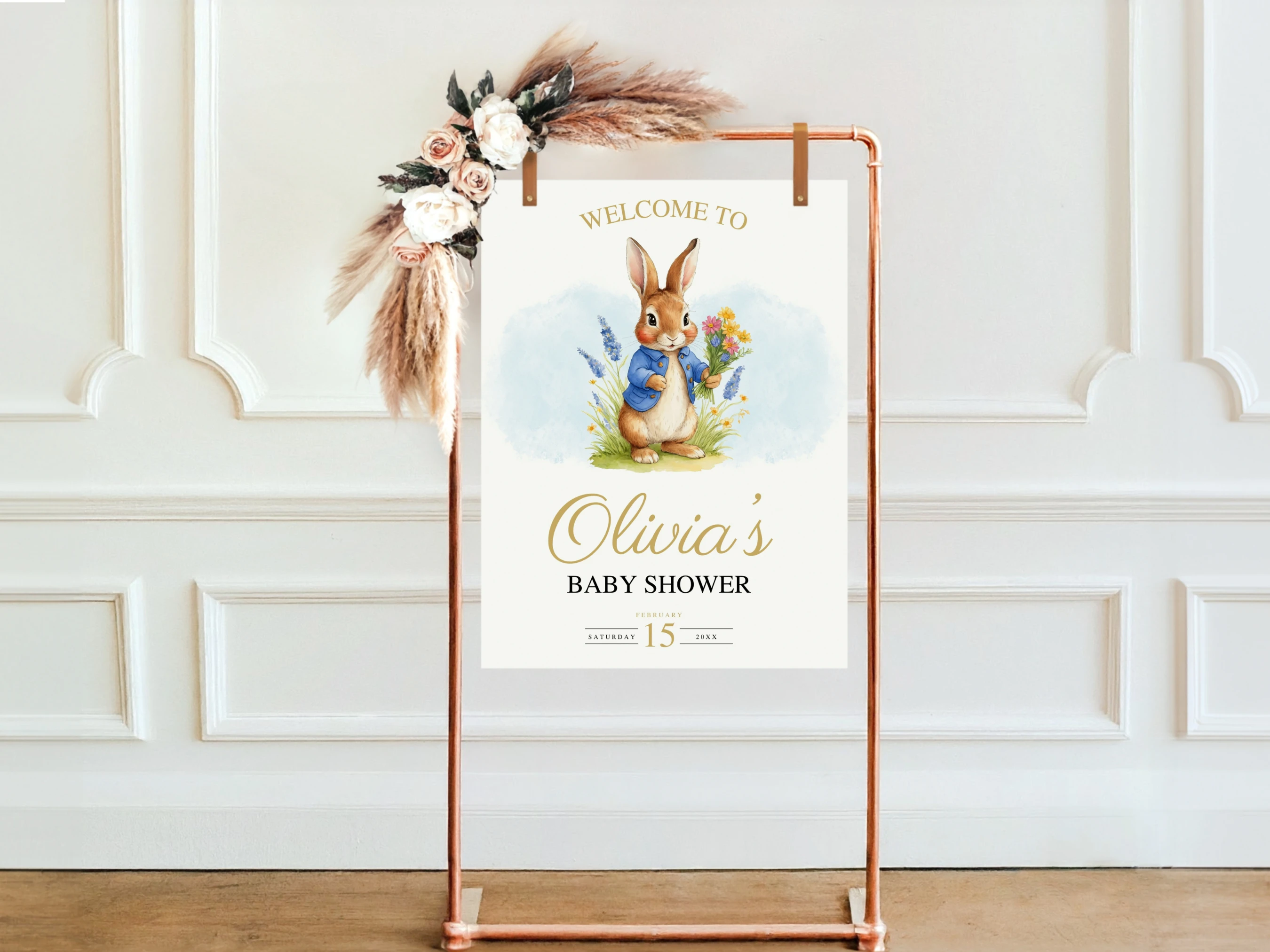 Peter Rabbit Baby Shower Welcome Sign | Flopsy Bunny Spring Welcome Board | Editable Canva Template | Digital Download
