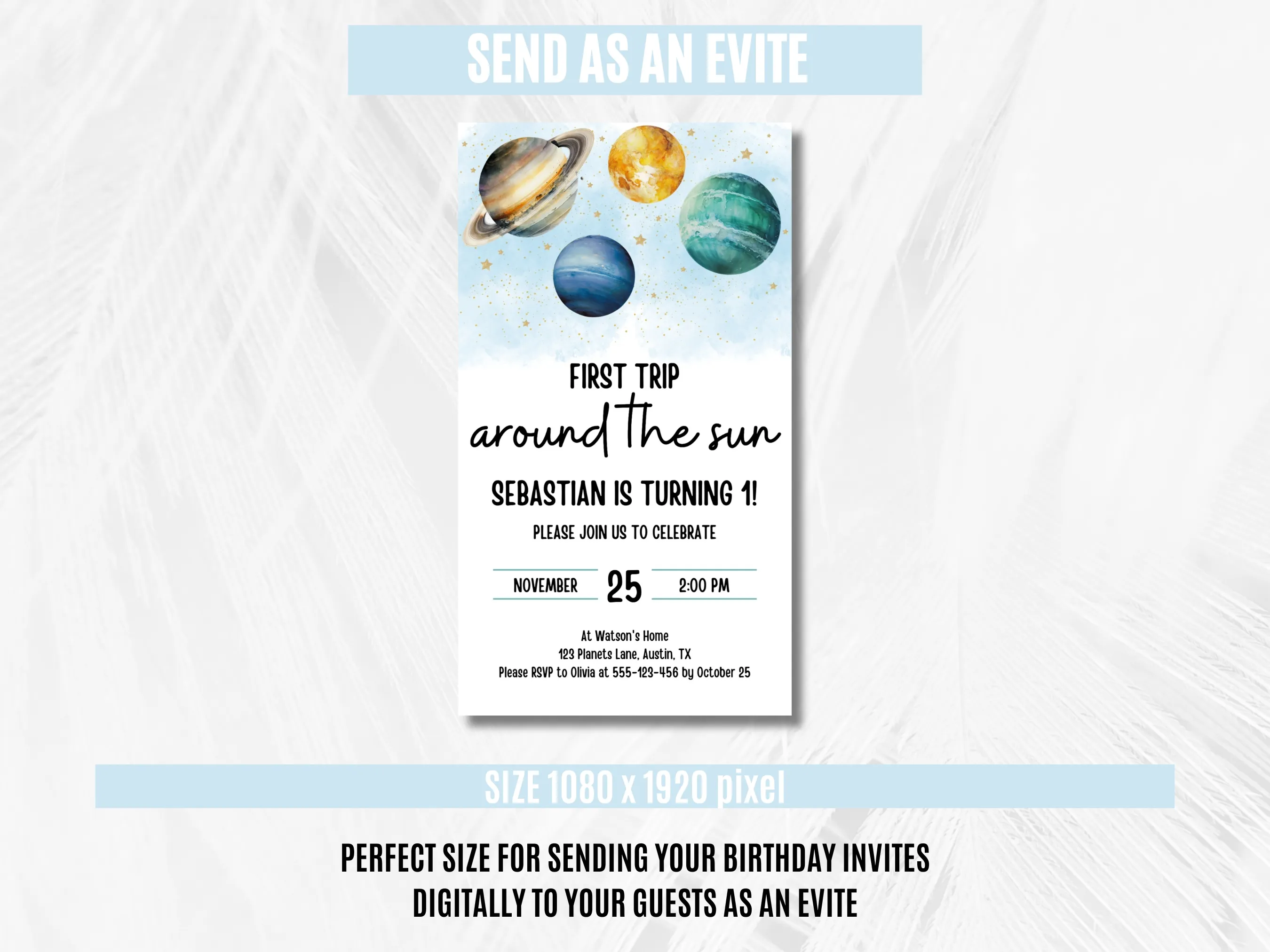 First Trip Around the Sun Birthday Mobile Invitation | Outer Space Evite | Editable Canva Template | Digital Download