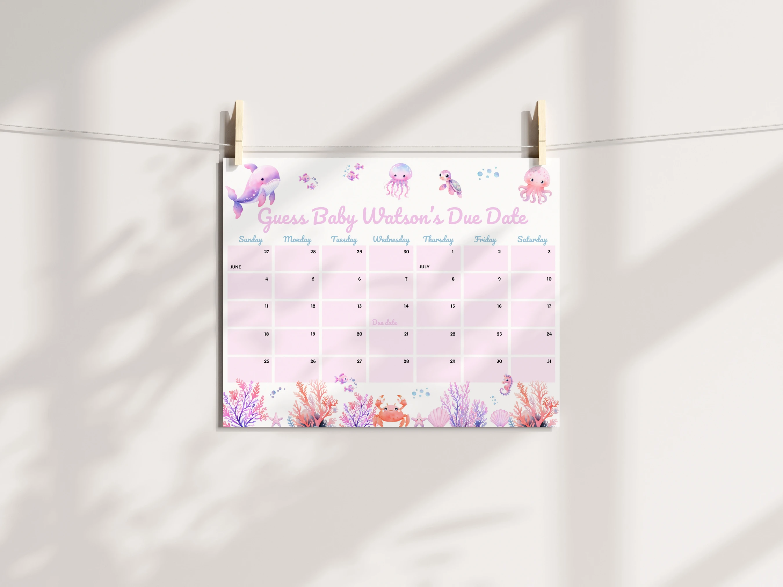 Under The Sea Baby Due Date Calendar | Ocean Animals Prediction Game | Pink Guess The Birthday For Baby Girl | Editable Canva Template | Digital Download