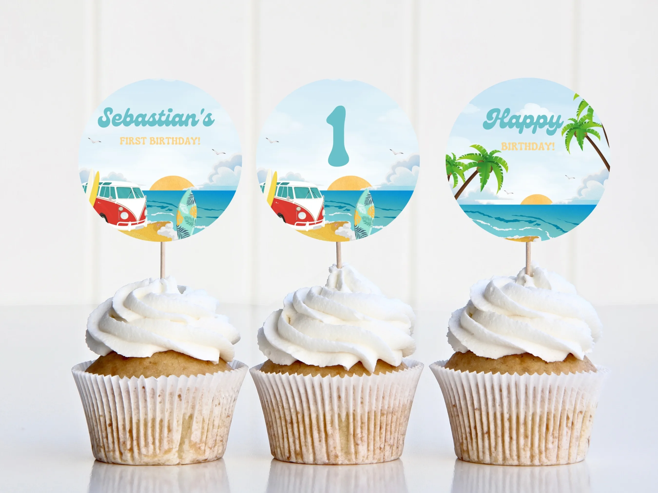 The Big One surf-themed cupcake toppers with beach elements and matching surf “One” cake topper for 1st birthdays, editable Canva template by fllcdesigns