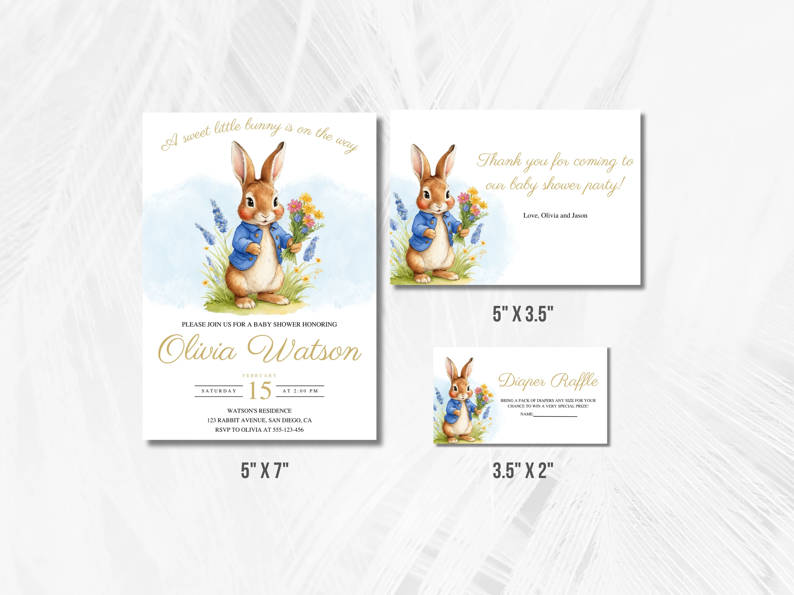 Peter Rabbit Baby Shower Invitation Set | Flopsy Bunny Spring Blue And Gold Starter Pack | Editable Canva Template | Digital Download