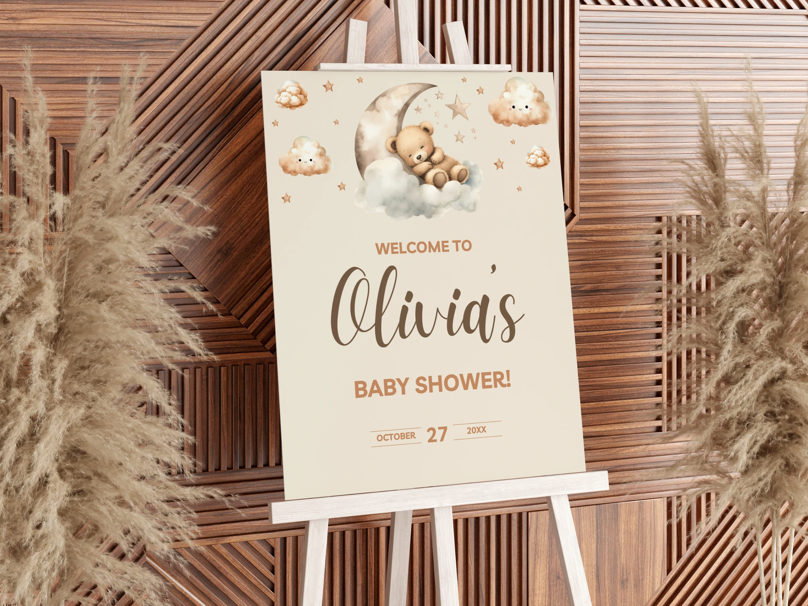 Sleeping Teddy Bear Baby Shower Welcome Sign | Over The Moon Beige Gold Welcome Board | Editable Canva Template | Digital Download