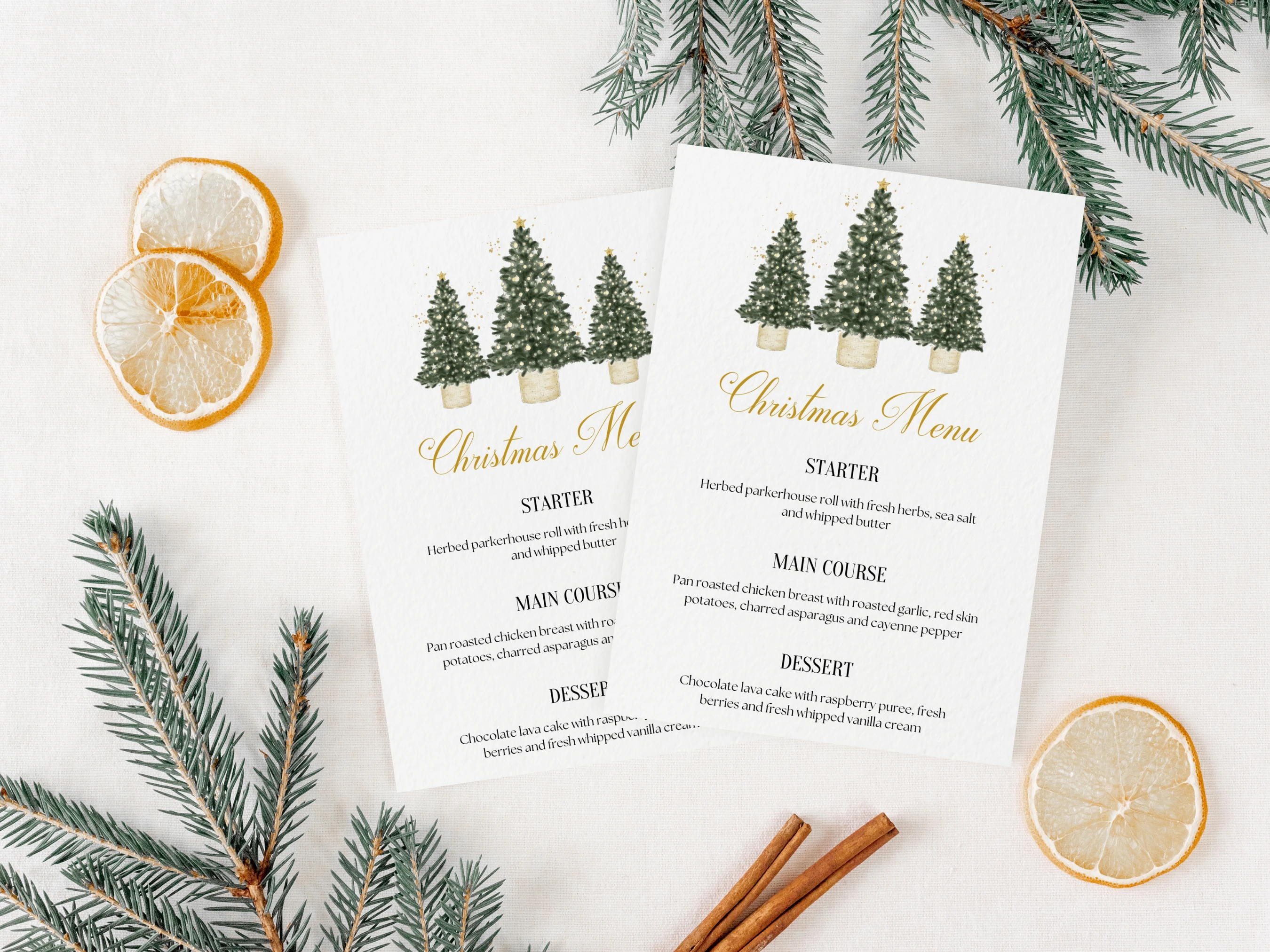 Green & Gold Christmas Tree Dinner Menu | 5x7 Holiday Table Card | Editable Canva Template | Digital Download