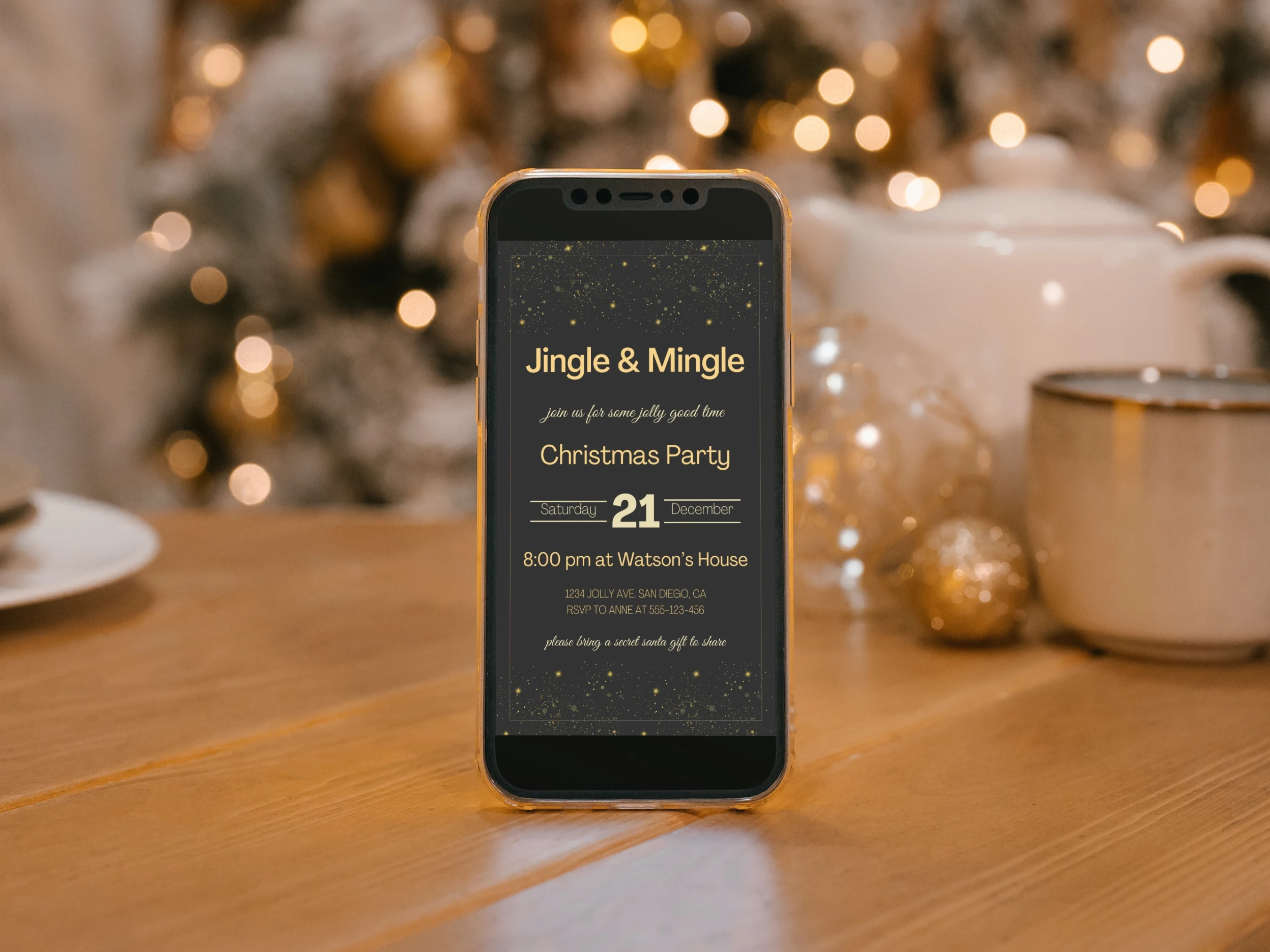 Black and Gold Christmas Party Mobile Invitation | Jingle & Mingle Evite | Editable Canva Template | Digital Download