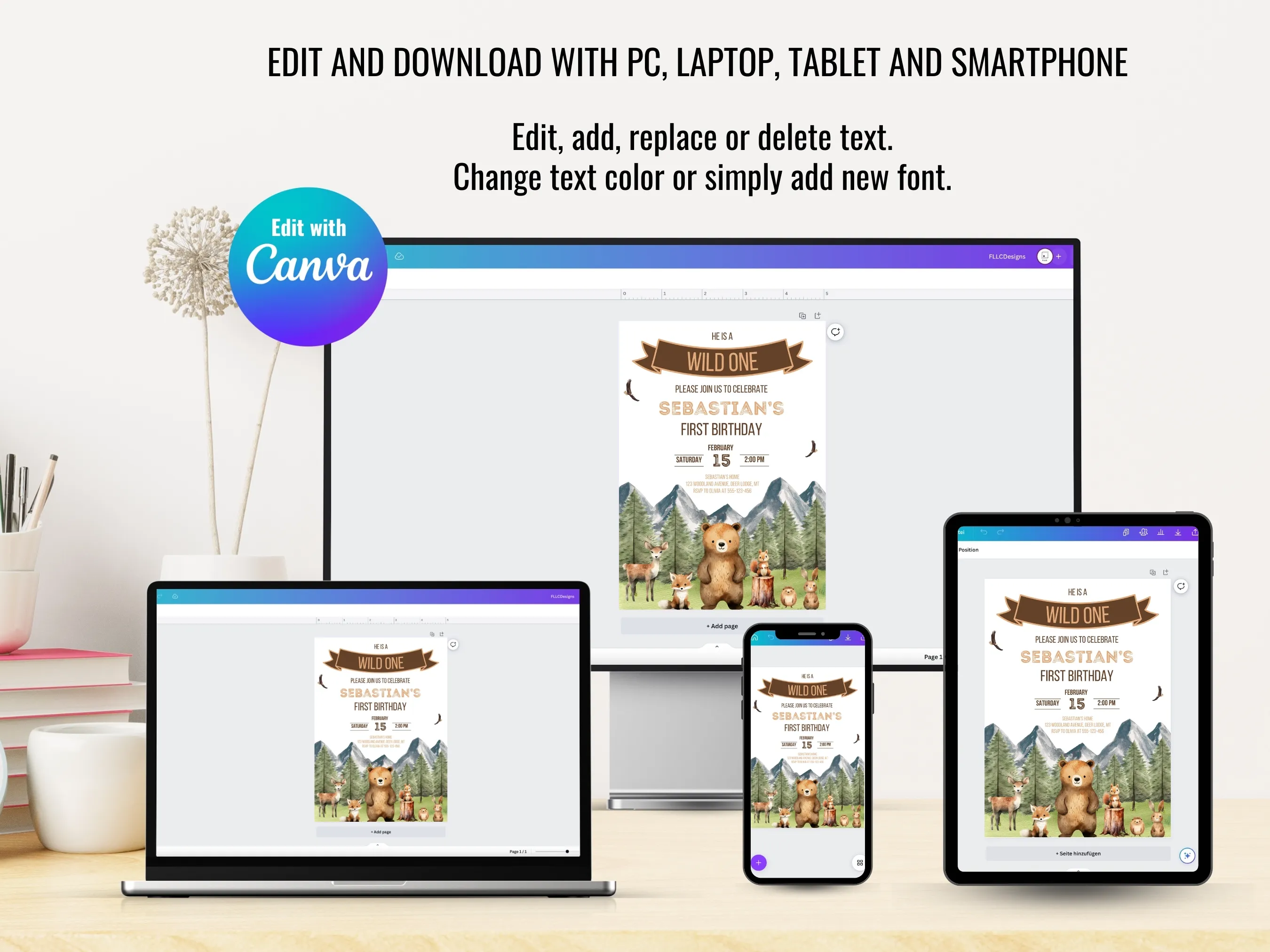 Wild One Birthday Bundle | Woodland Animal Party Set for Boys | Editable Canva Template | Digital Download