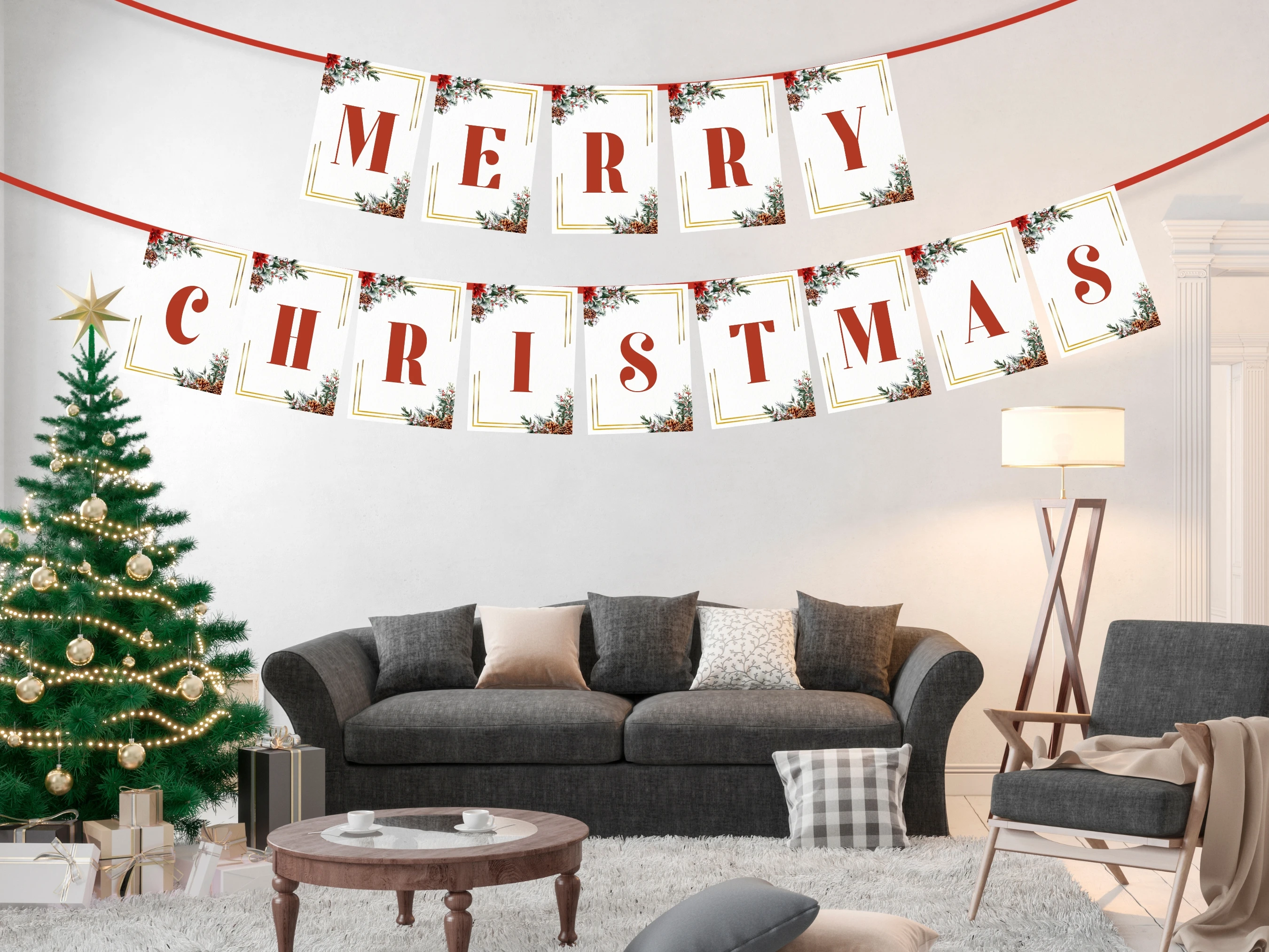 Printable Merry Christmas Banner Template with festive holiday garland decoration for Christmas party and home decor