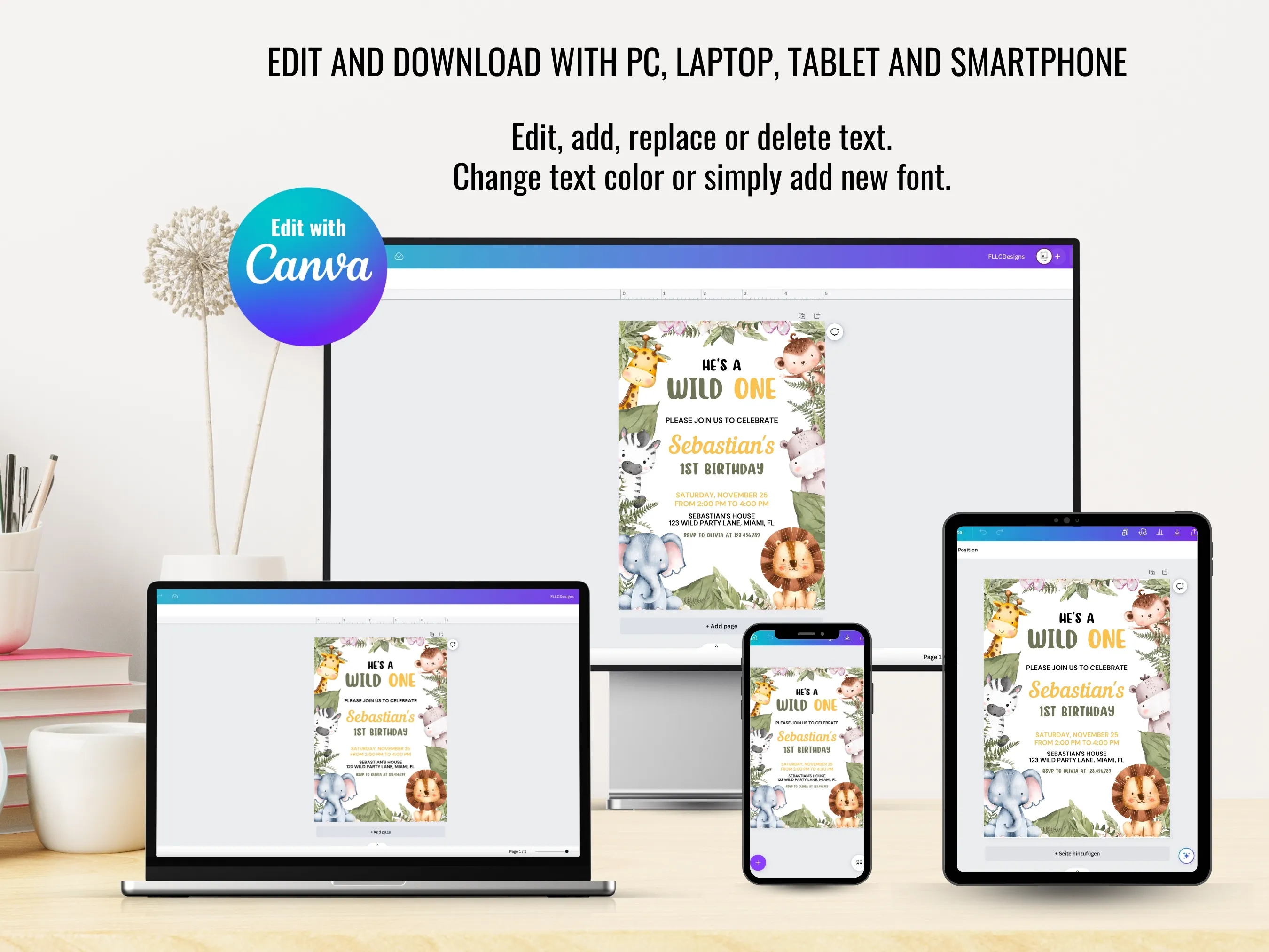 Wild One Safari Birthday Bundle | Safari Animals Birthday Decorations | Editable Canva Template | Digital Download