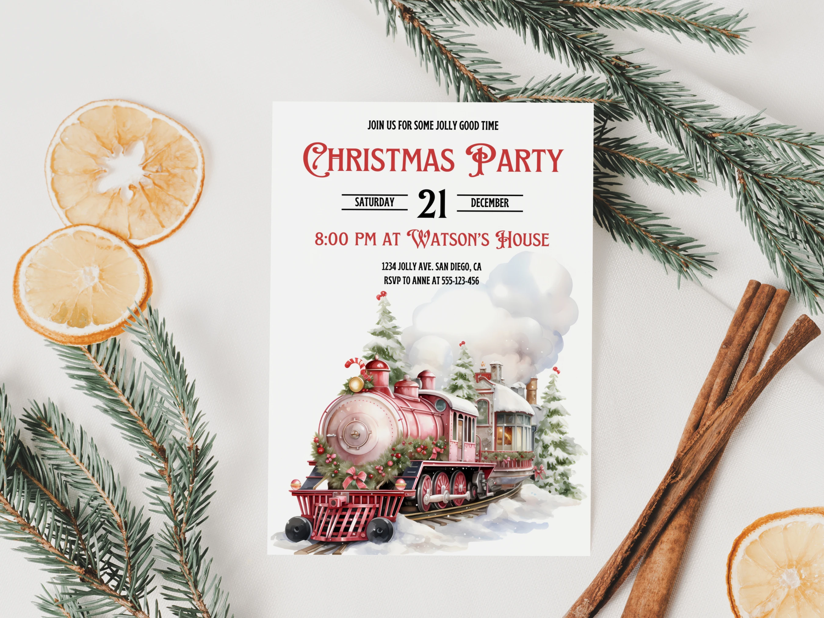 Christmas train party invitation with festive North Pole holiday railway theme, editable Canva template for family Christmas parties and seasonal celebrations