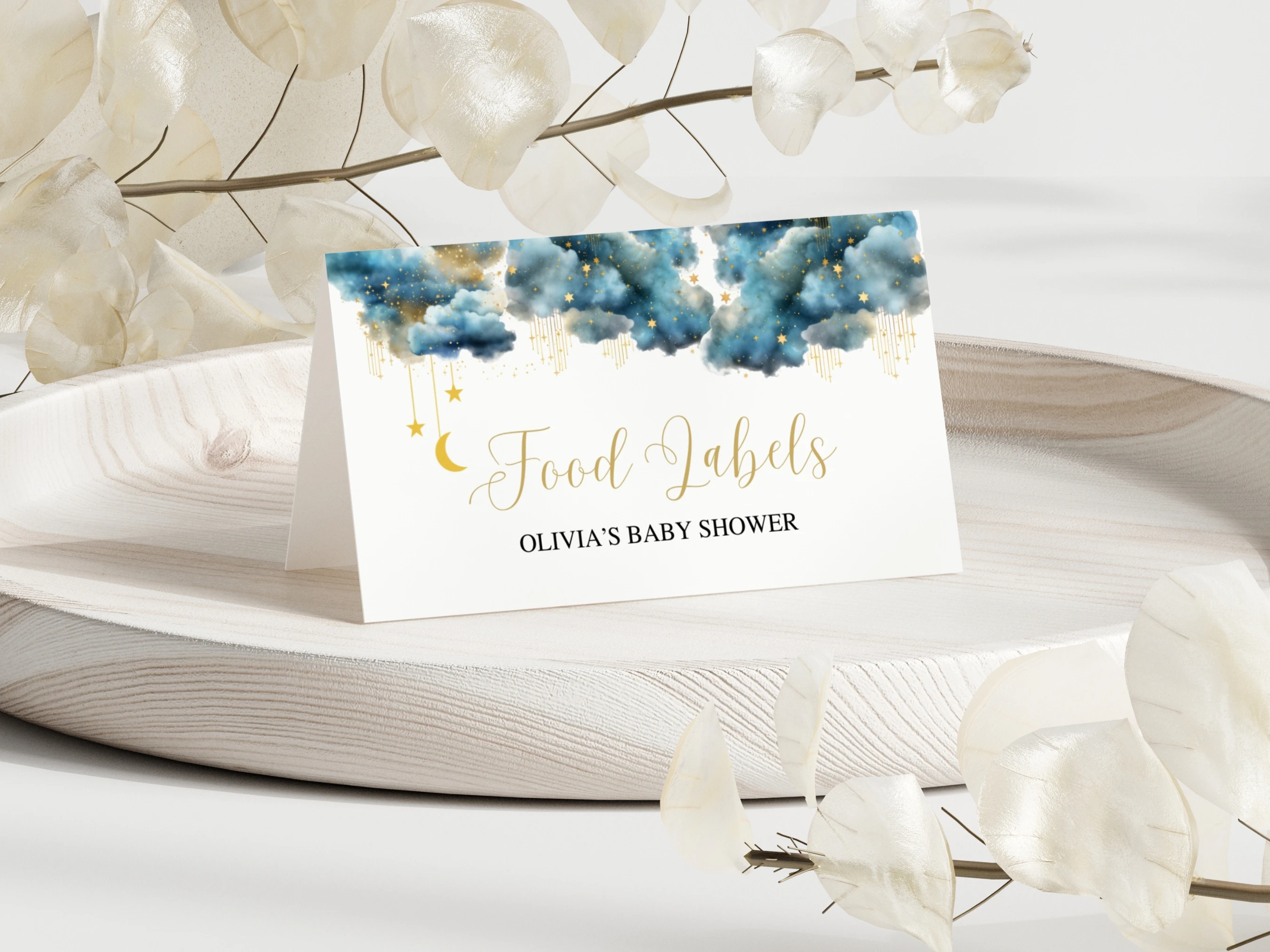 twinkle little star baby shower place cards moon stars blue gold seating cards canva template digital download, moon stars baby shower seating cards blue gold decorations canva template